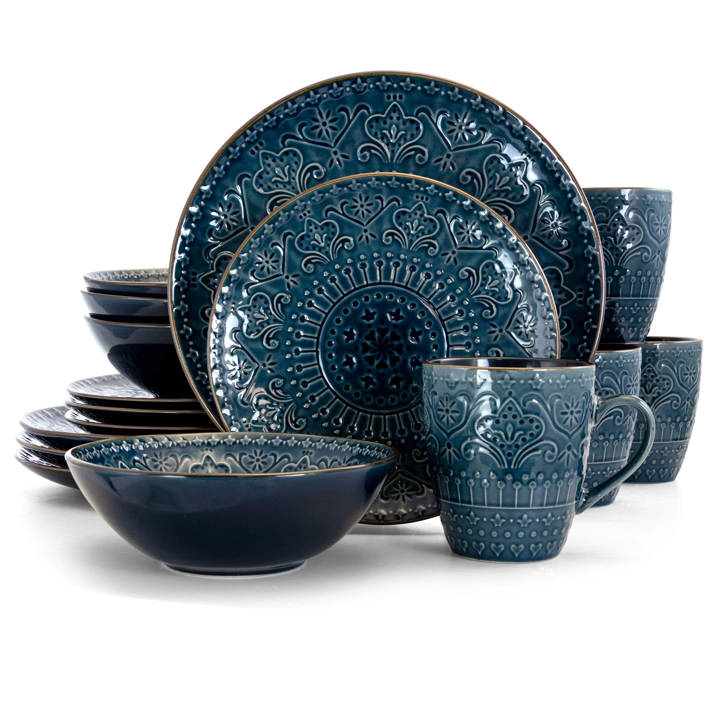 Elama Deep Sea Mosaic 16-Piece Stoneware Dinnerware Set - Elegant Dinner Plates, Bowls, Mugs & Serving Dishes for 4 - Perfect for Family Dinners, Entertaining Guests & Holiday Gatherings