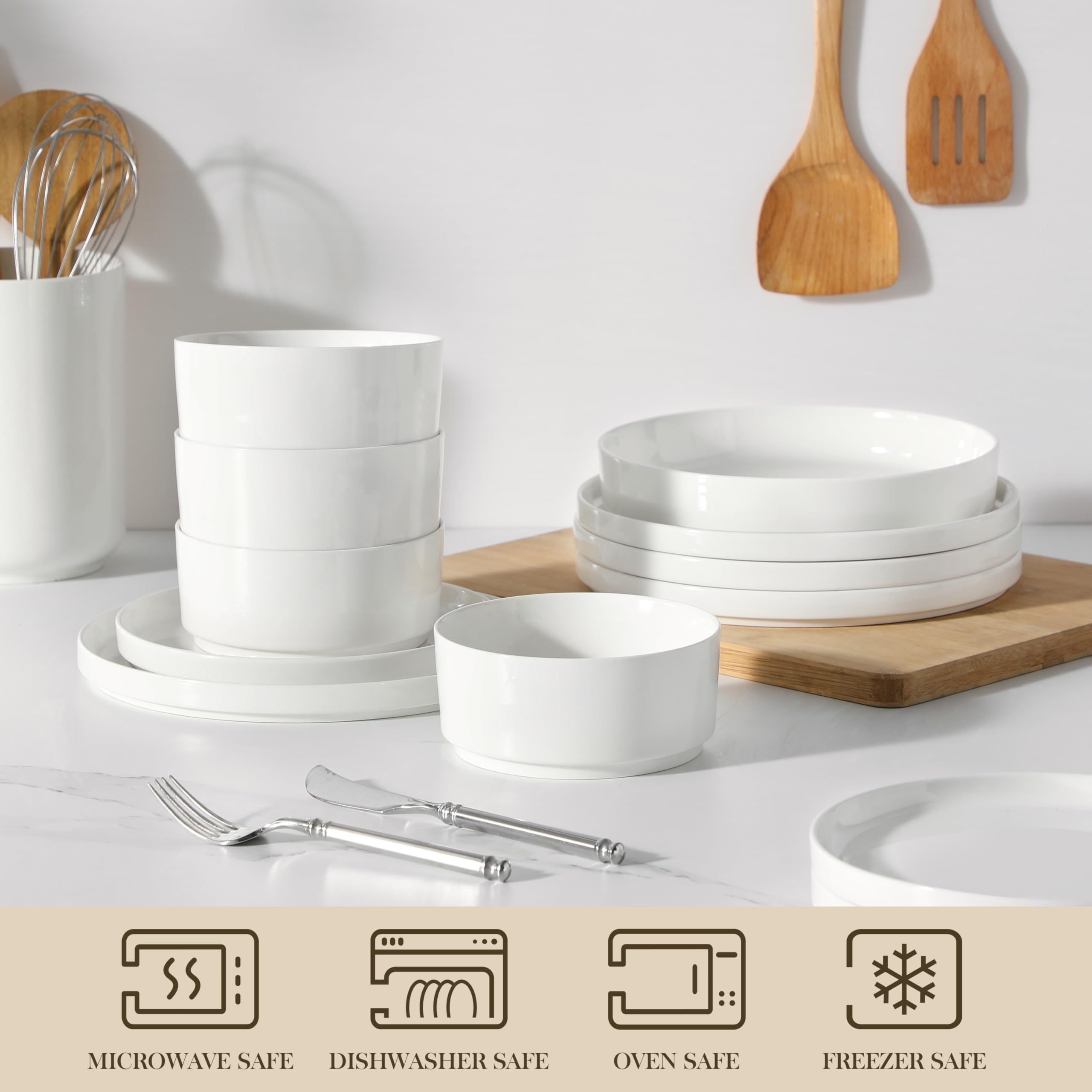 MALACASA 24-Piece Porcelain Dinnerware Set for 6 - Premium White Dish Set with Serving Plates & Bowls - Chip & Scratch Resistant - Modern Kitchen & Dining Ware (Series LEAH) - Perfect for Family Dinners, Entertaining Guests & Restaurant-Style Serving