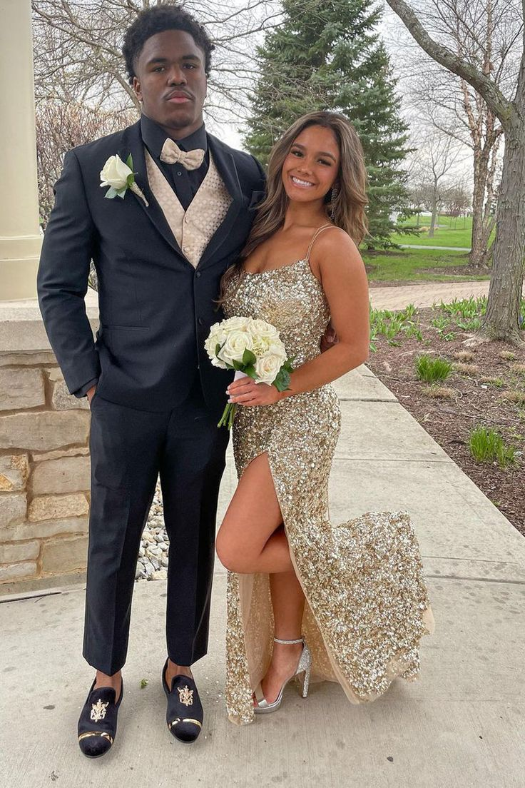 Elegant Gold Sequins Mermaid Prom Dress with High Slit - J2571 | Perfect for Homecoming, Formal Dances & Special Occasions