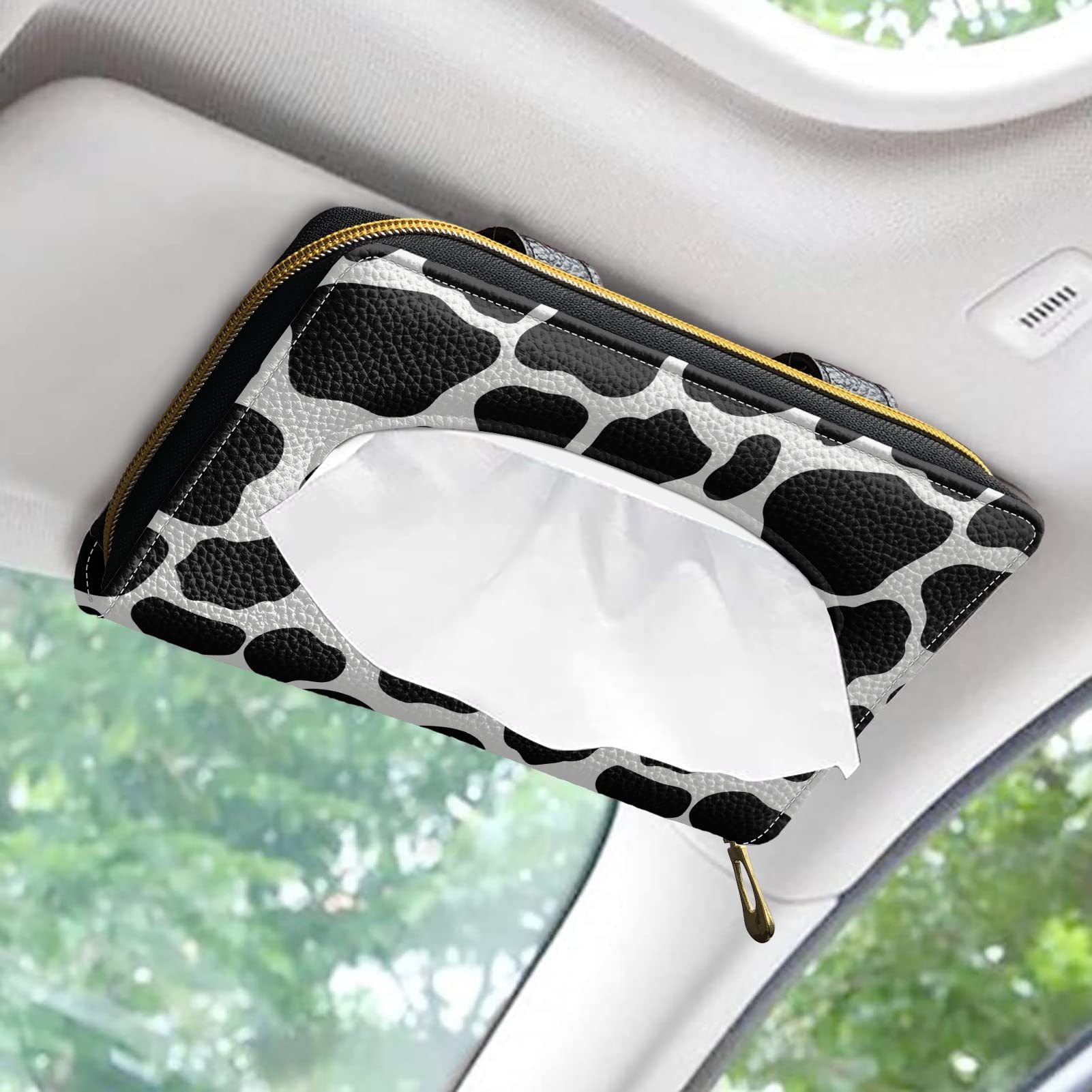 Xoenoiee Black and White Cow Print Car Tissue Box Holder - PU Leather Sun Visor Napkin Organizer with Zipper for Vehicle | Perfect for Road Trips, Commuting & Family Travel Accessories