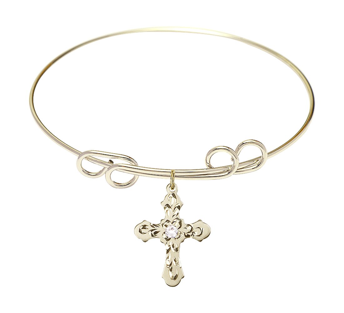 8 Inch Round Double Loop Bangle Bracelet with Cross Charm & April Birthstone Crystal - Elegant Jewelry for Women, Perfect for Gifts, Parties, Church & Everyday Wear