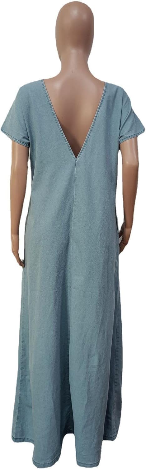 KELYWELL Women's V-Back Loose Maxi Long Denim Dress with Batwing Short Sleeves - 2024 High Street Fashion Jean Dress for Casual Outings, Beach Wear & Summer Style