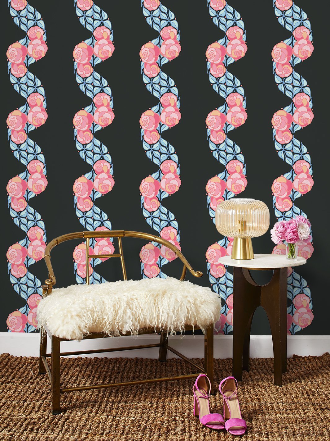 Barbie™ Groovy Floral Stripe Wallpaper - Charcoal Grey Peel and Stick Removable Wallpaper for Bedroom, Nursery, Living Room Decor
