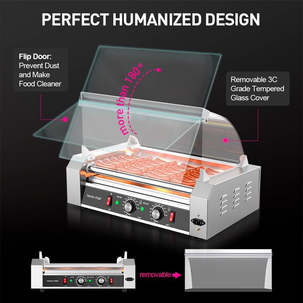 Leconchef Commercial Electric Hot Dog Roller Machine - 7 Roller Stainless Steel Grill with Dual Temperature Control, Detachable Glass Cover & LED Display - Perfect for Restaurants, Food Trucks, and Convenience Stores