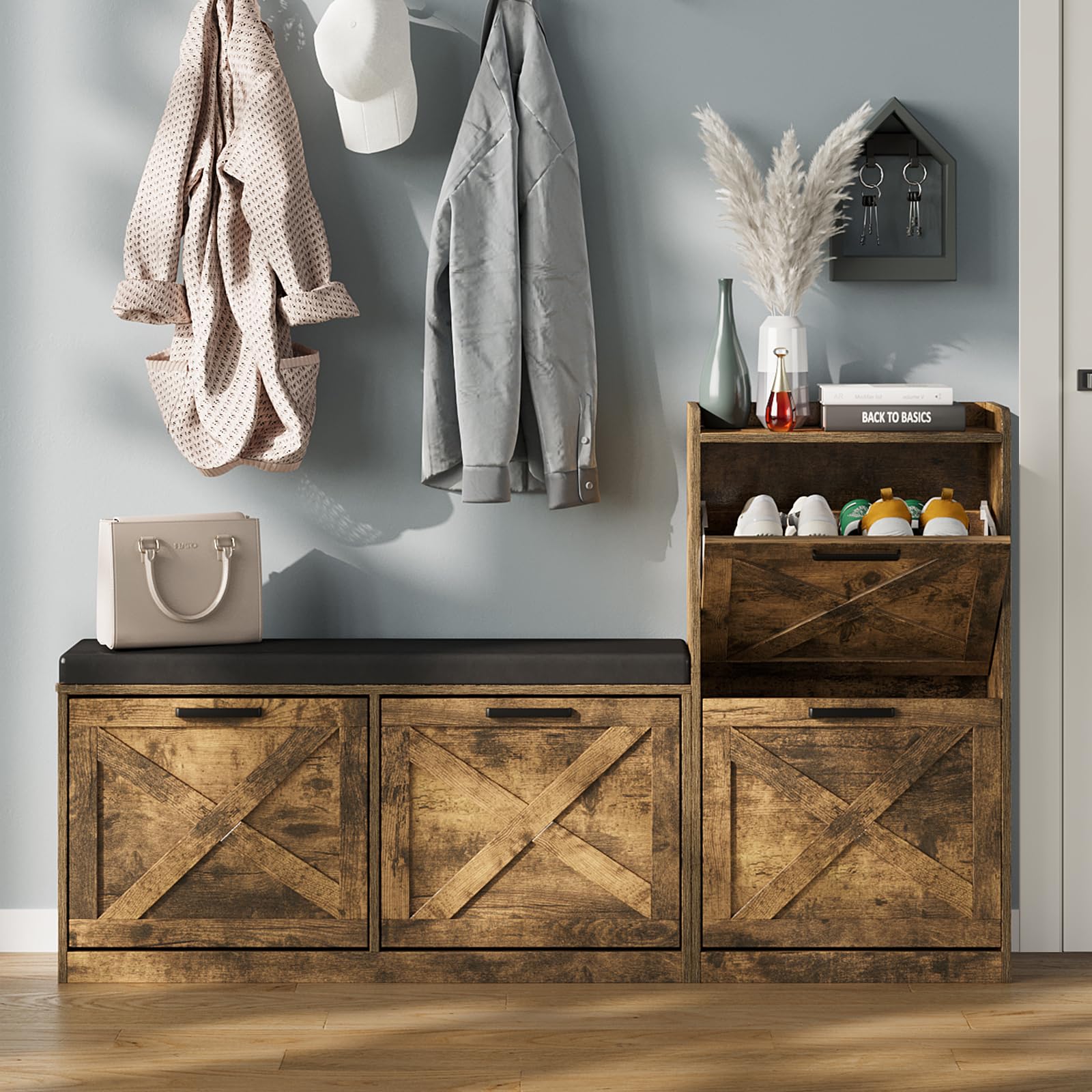 Adjustable Shoe Storage Cabinet with Bench - 4 Flip Drawers & Padded Seat Cushion - Left/Right Configurable Entryway Organizer - Rustic Brown Narrow Hallway Shoe Rack - Perfect for Small Spaces, Mudrooms & Apartment Entryways