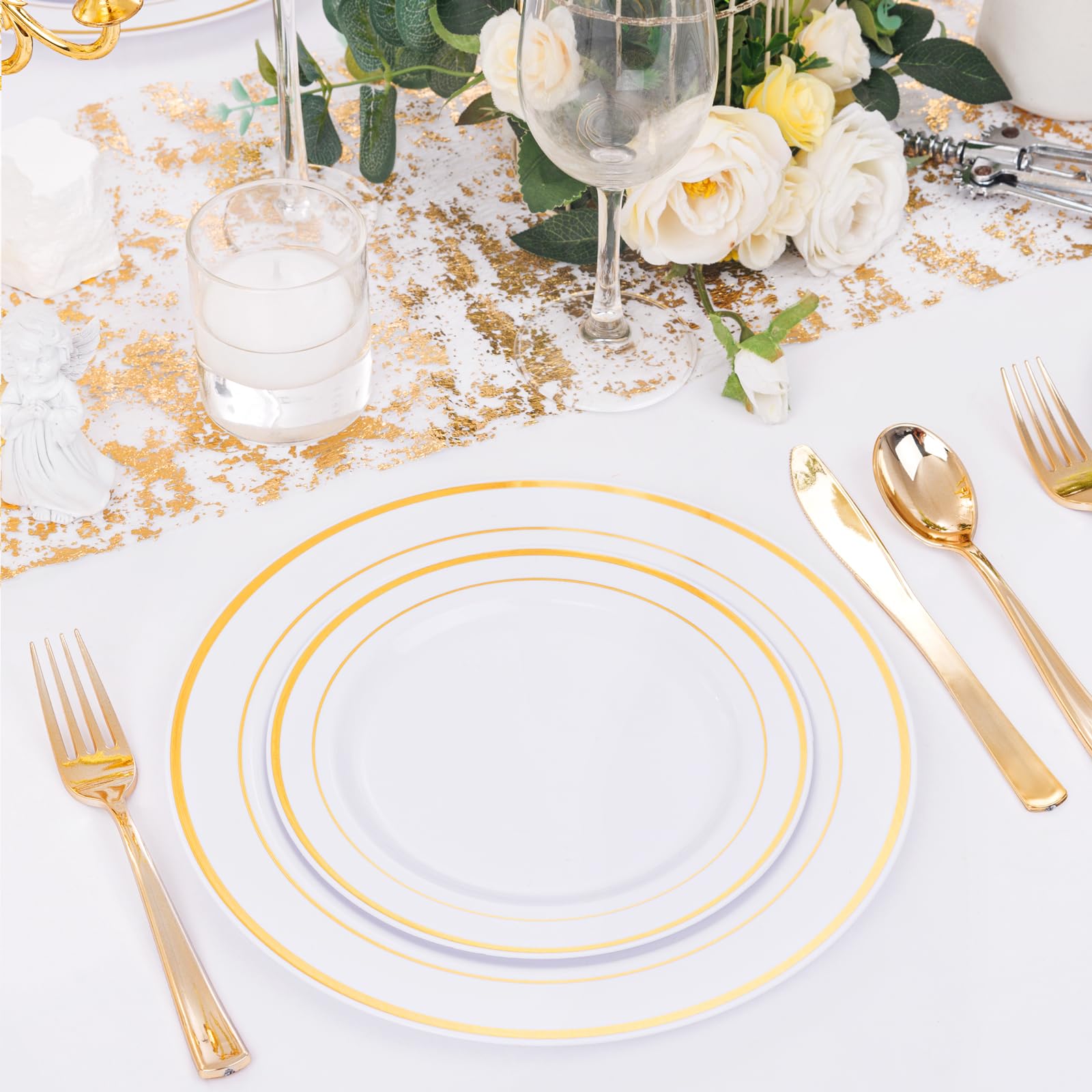 DaYammi 150-Piece Gold Plastic Dinnerware Set - 30 Gold Rim Dinner Plates, 30 Salad Plates, 30 Plastic Cutlery Sets | Elegant Disposable Tableware for Weddings, Parties, and Special Events