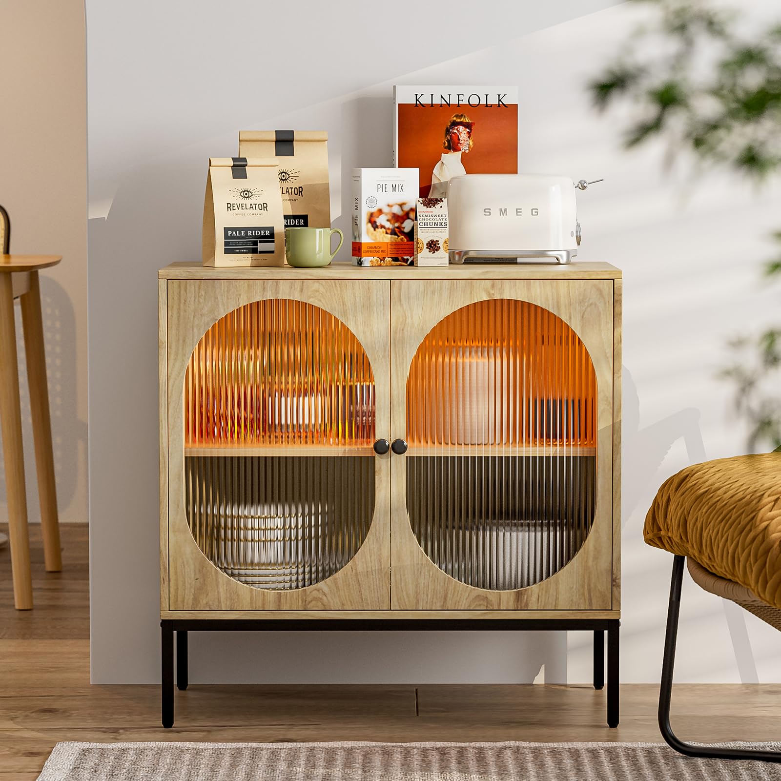 IKIFLY Modern Glass Storage Cabinet with LED Lights - Adjustable Shelves Sideboard Buffet Cabinet for Kitchen, Dining Room, Entryway & Living Room - Perfect for Displaying China, Glassware & Home Decor