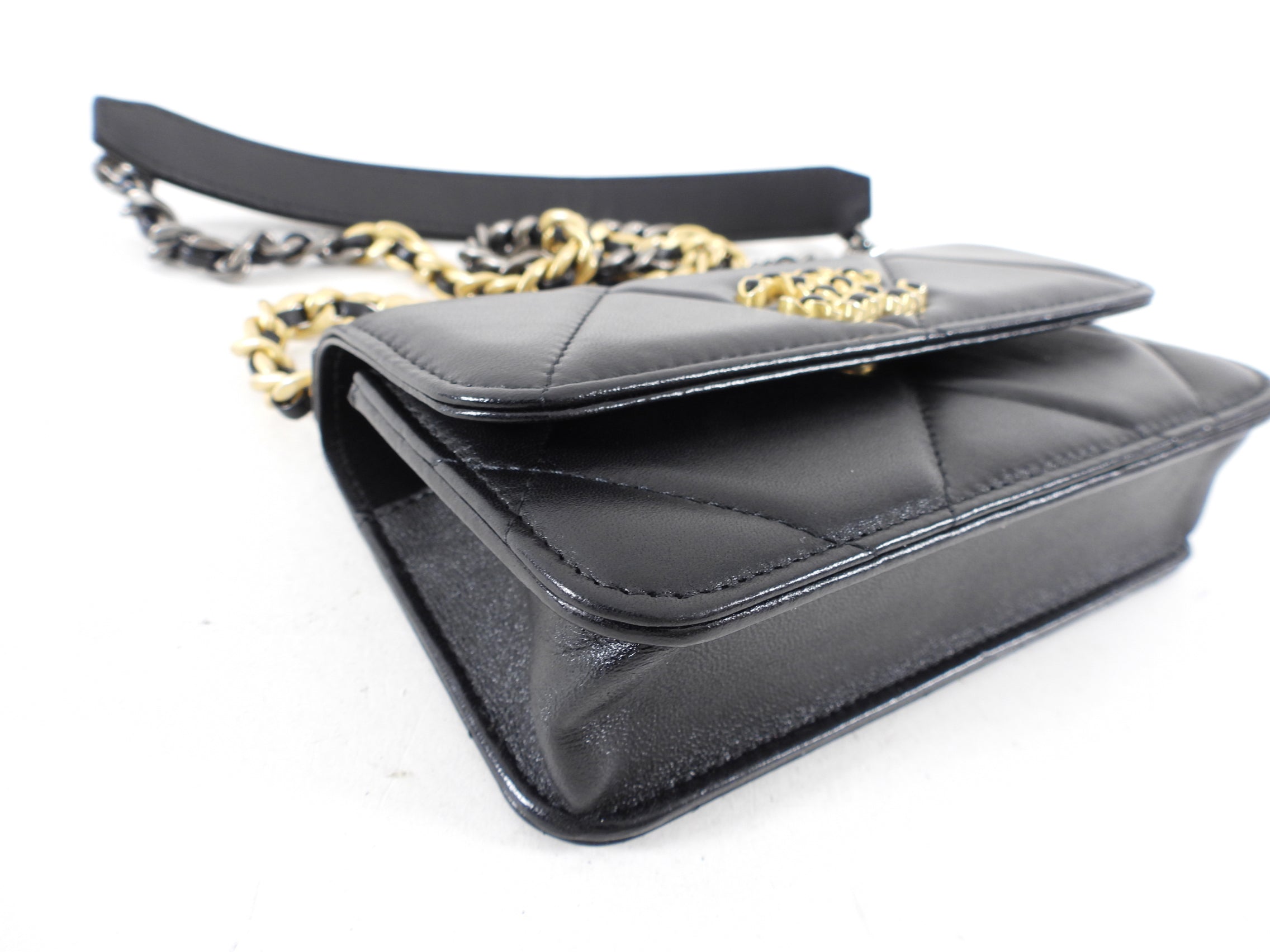 Chanel 19 Black Leather Lambskin Quilted Flap Phone Holder - Luxury Designer Phone Case for iPhone & Samsung - Perfect for Parties, Travel & Everyday Use