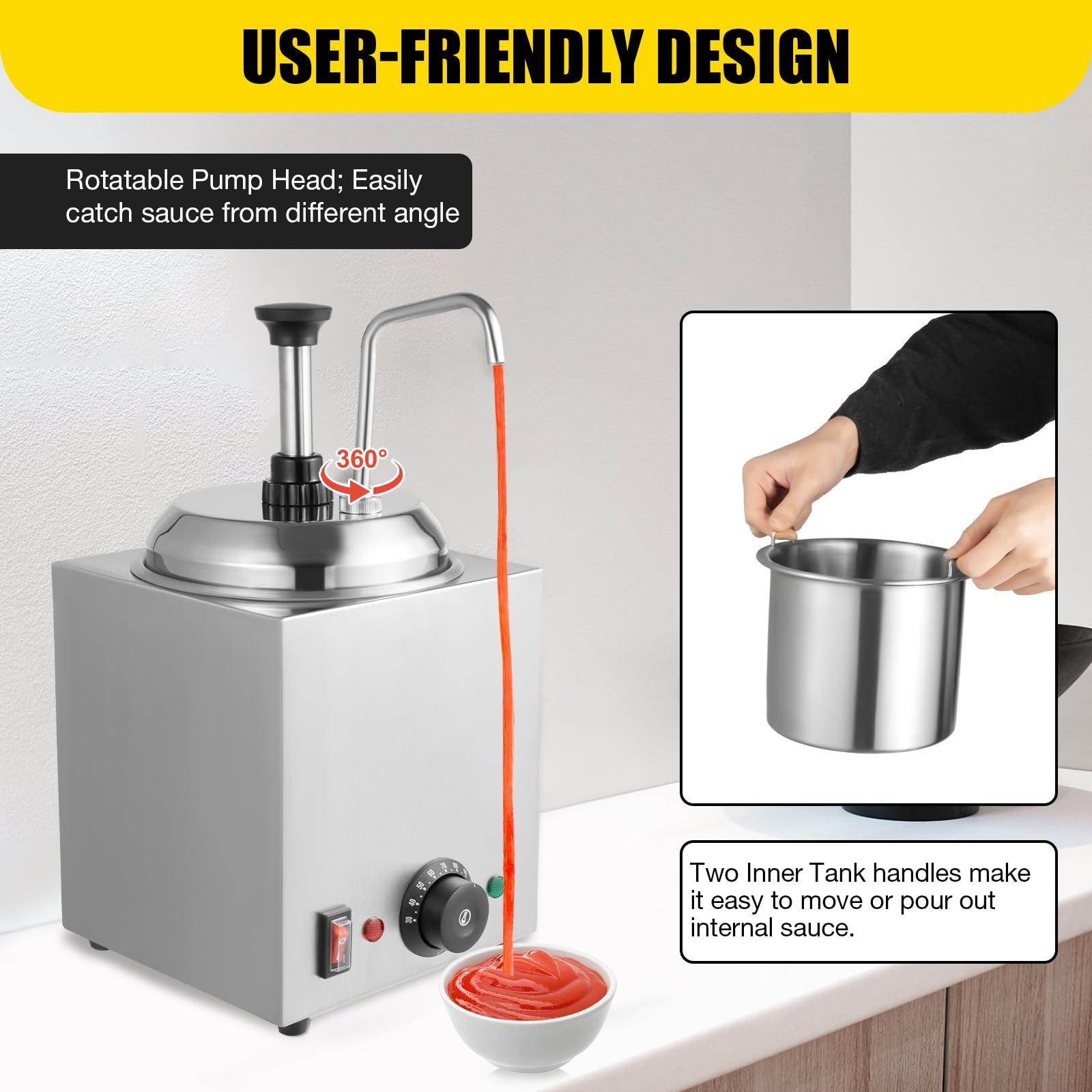 Commercial 110V 800W Stainless Steel Condiment Pump Dispenser - Adjustable Temperature Sauce Machine for Nacho Cheese, Hot Fudge, Ketchup | Perfect for Restaurants, Cinemas & Catering Events (Rear Plug Hole)