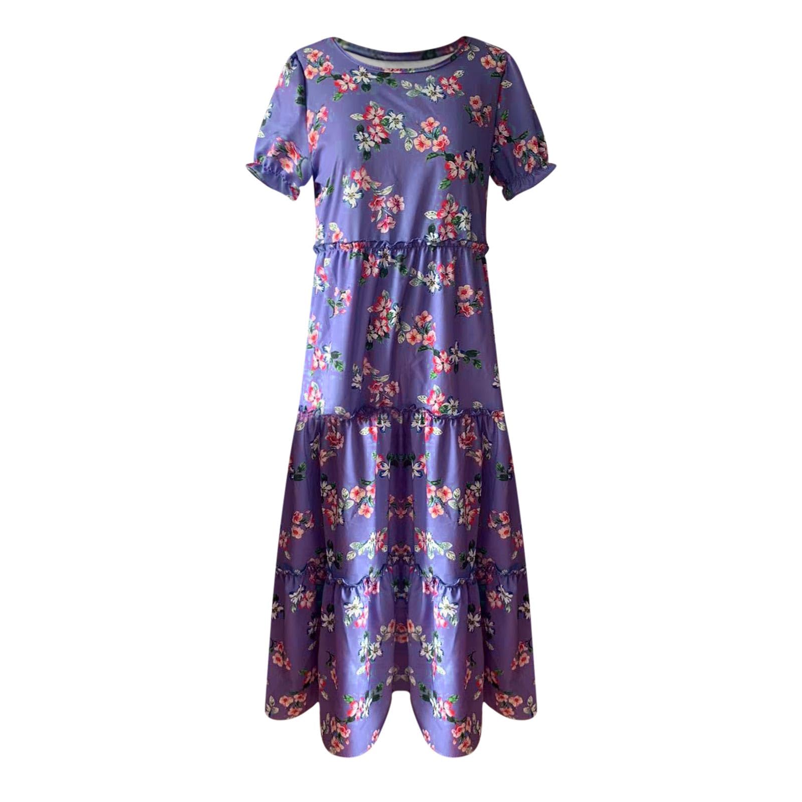 Boho Floral Maxi Dress for Women 2024 - Loose Fit Crewneck Summer Dress with Ruffles & Graphic Print | Perfect for Beach Vacations, Outdoor Parties & Casual Summer Wear