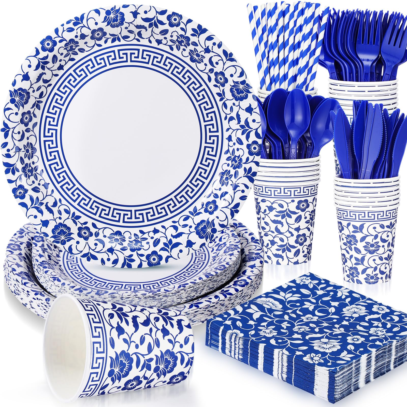 225 Pcs Blue and White Floral Disposable Tableware Set - 9 & 7 Inch Elegant Paper Plates, Cups, Straws, Napkins with Cutlery for 25 Guests | Perfect for Bridal Showers, Weddings, Birthday Parties & Elegant Events