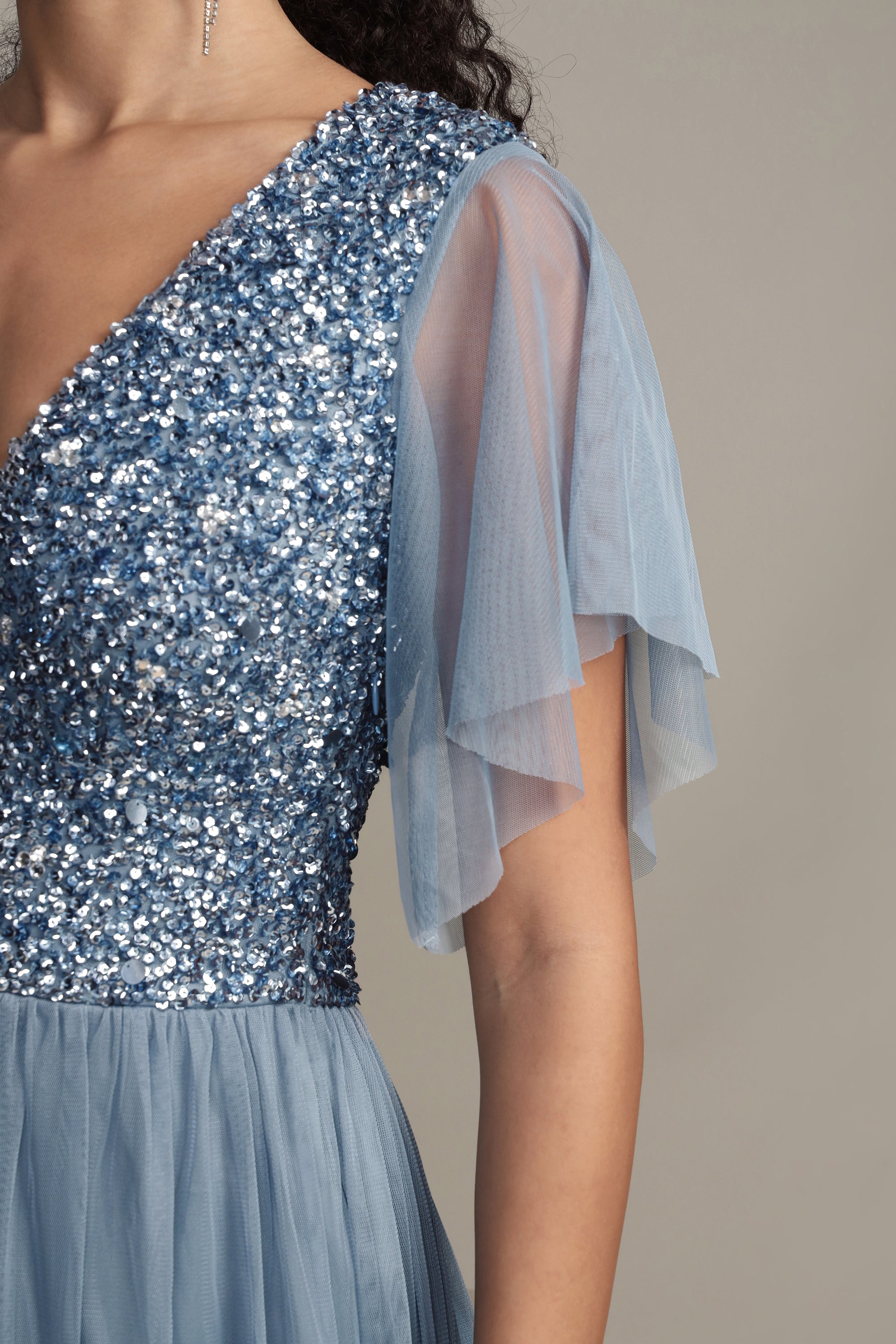 Elegant Maddie Embellished Midi Dress in Dusty Blue - Perfect for Weddings, Parties & Special Occasions