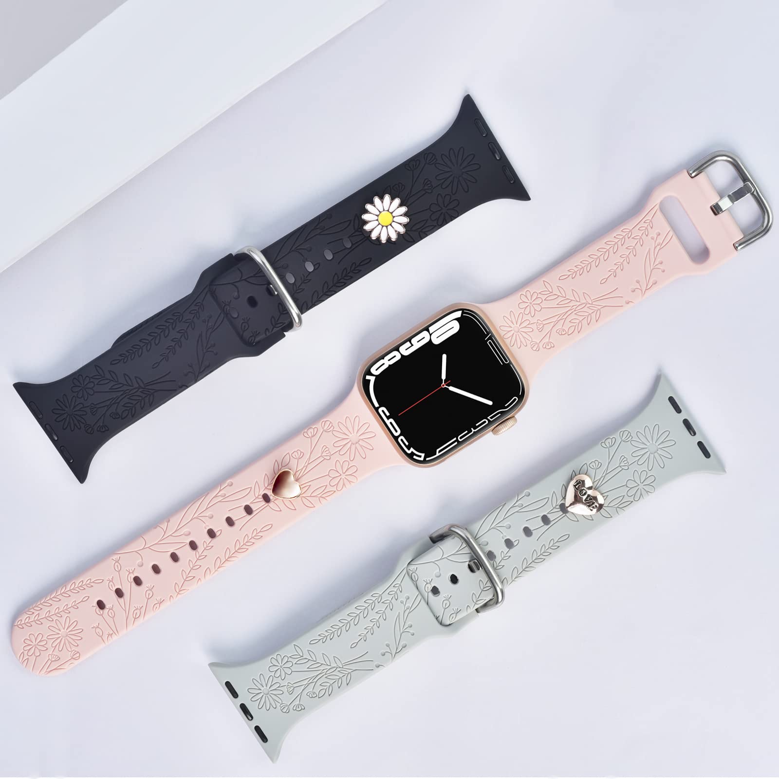 Floral Engraved Apple Watch Bands with Charms - Soft Sport Silicone Replacement Strap for iWatch Series SE/8/7/6/5/4/3/2/1 - 38mm 40mm 41mm Women's Wristbands - Perfect for Workouts, Daily Wear & Fashion Accessories