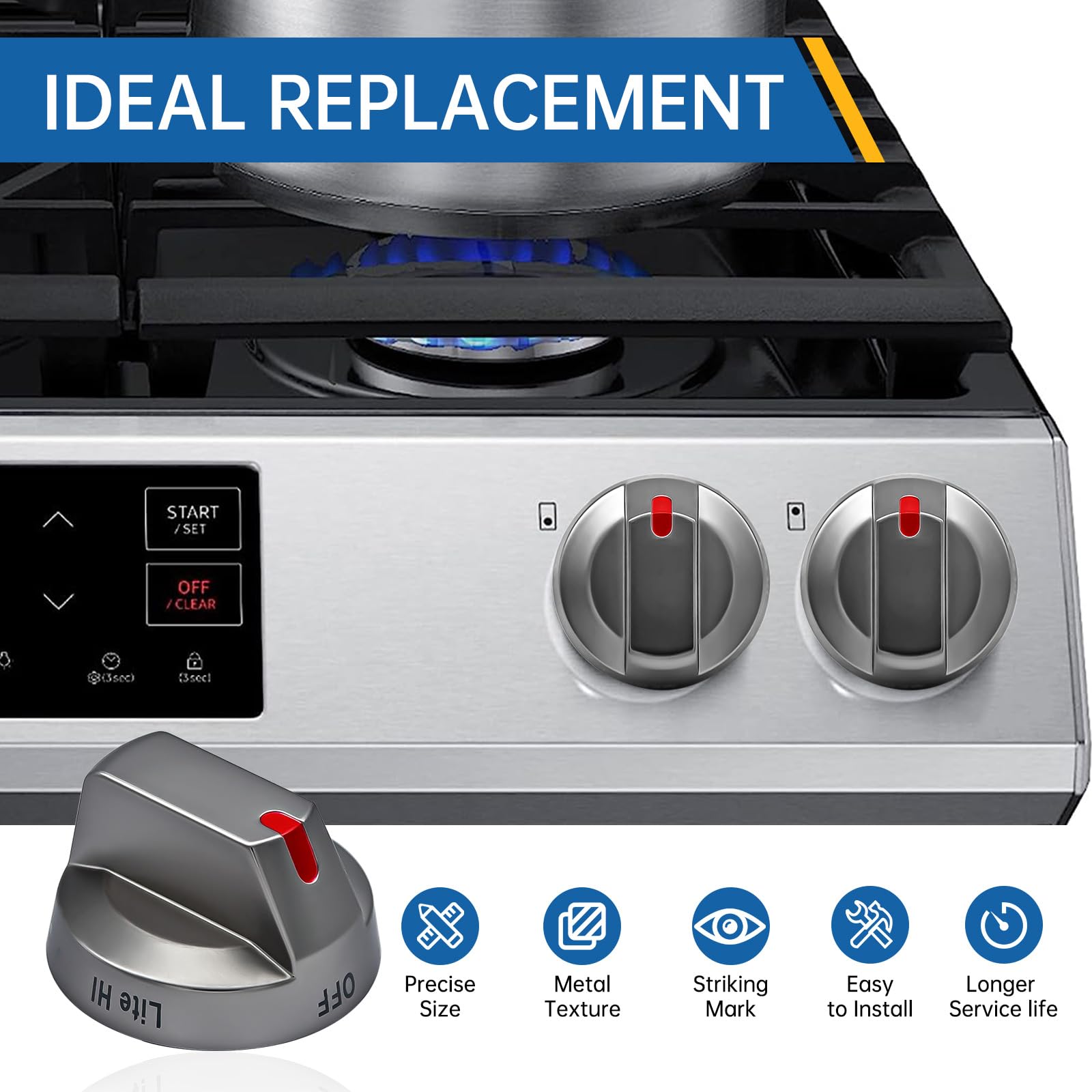 Upgraded DG94-04167 Stainless Steel Gas Stove Knobs Replacement for Samsung Ranges - Compatible with NX60A6111SS/AA, NX60A6311SS/AA, NX60A6511SS/AA, NX60A6711SS/AA - 5-Pack - Perfect for Kitchen Stove Repair & Burner Control Replacement