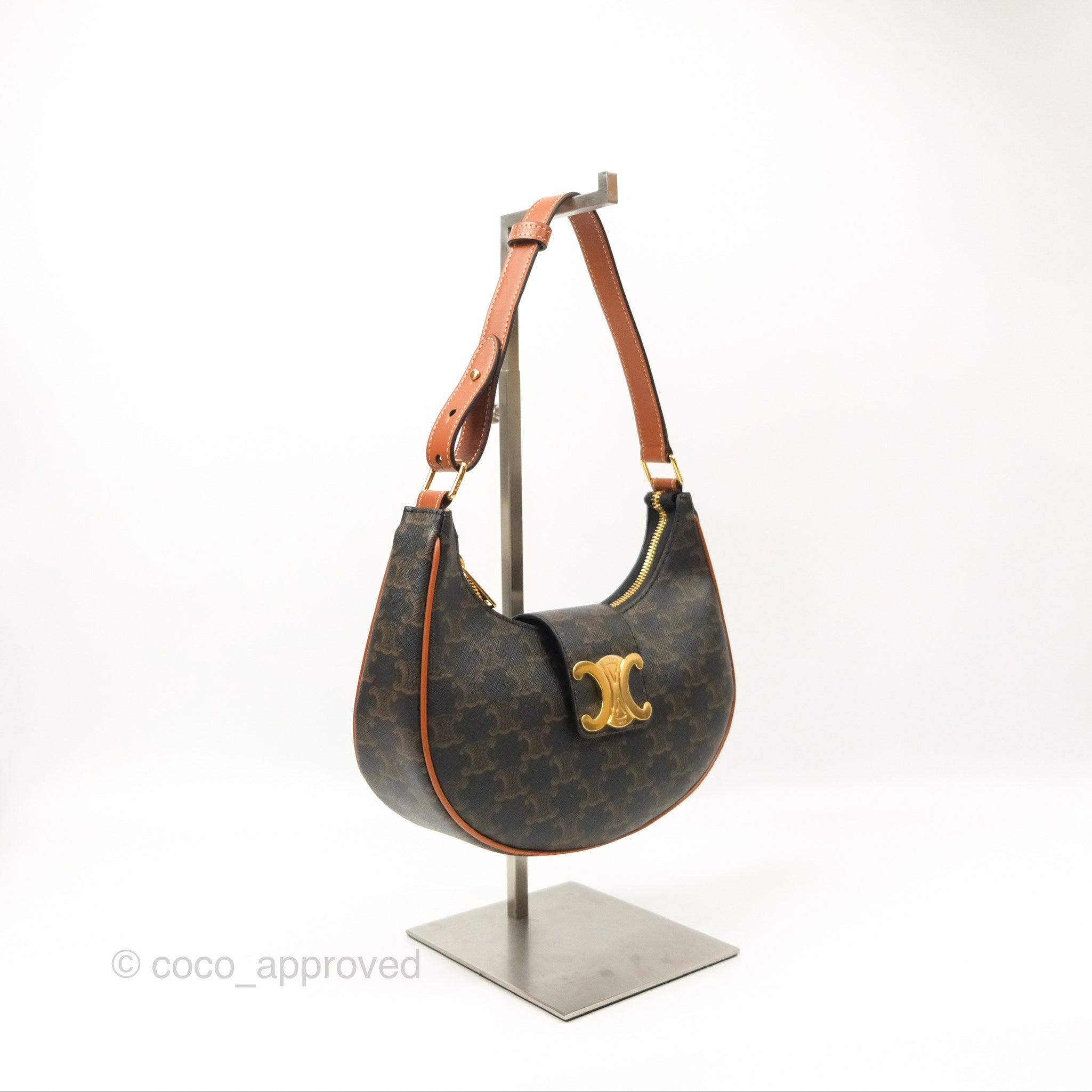 Celine Medium Ava Triomphe Bag in Triomphe Canvas & Tan Calfskin Leather - Luxury Shoulder Bag for Women, Perfect for Work, Travel & Everyday Use