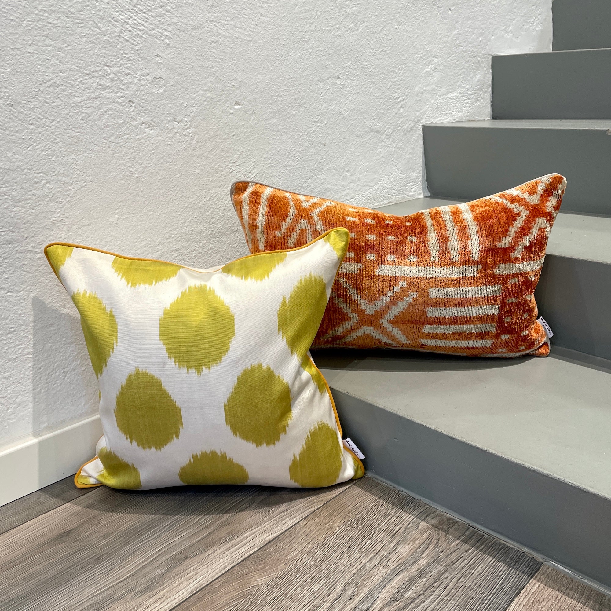 Lime Silk Ikat Cushion Cover with Dots Pattern - Bohemian Home Decor for Sofa, Bed & Living Room