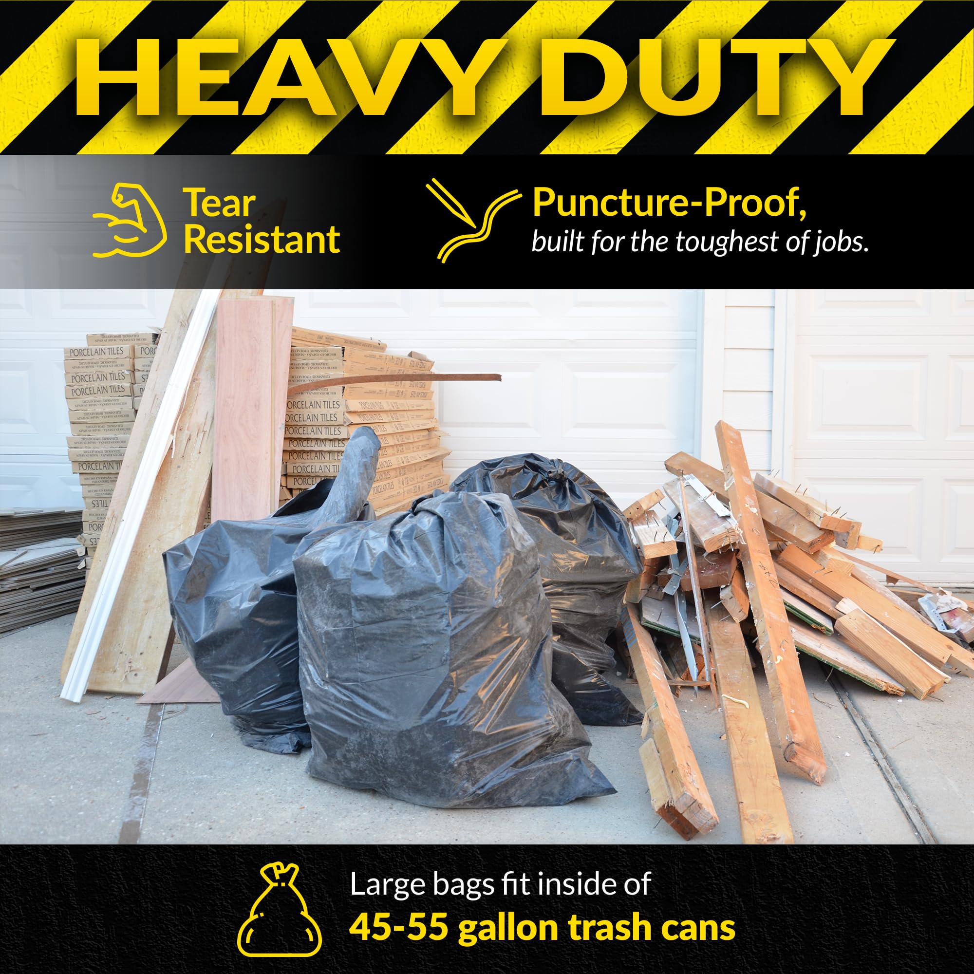 Reliable 55 Gallon Contractor Garbage Bags - Heavy Duty Black Trash Bags (20 Count) for Construction Sites, Yard Waste & Home Renovation Cleanup