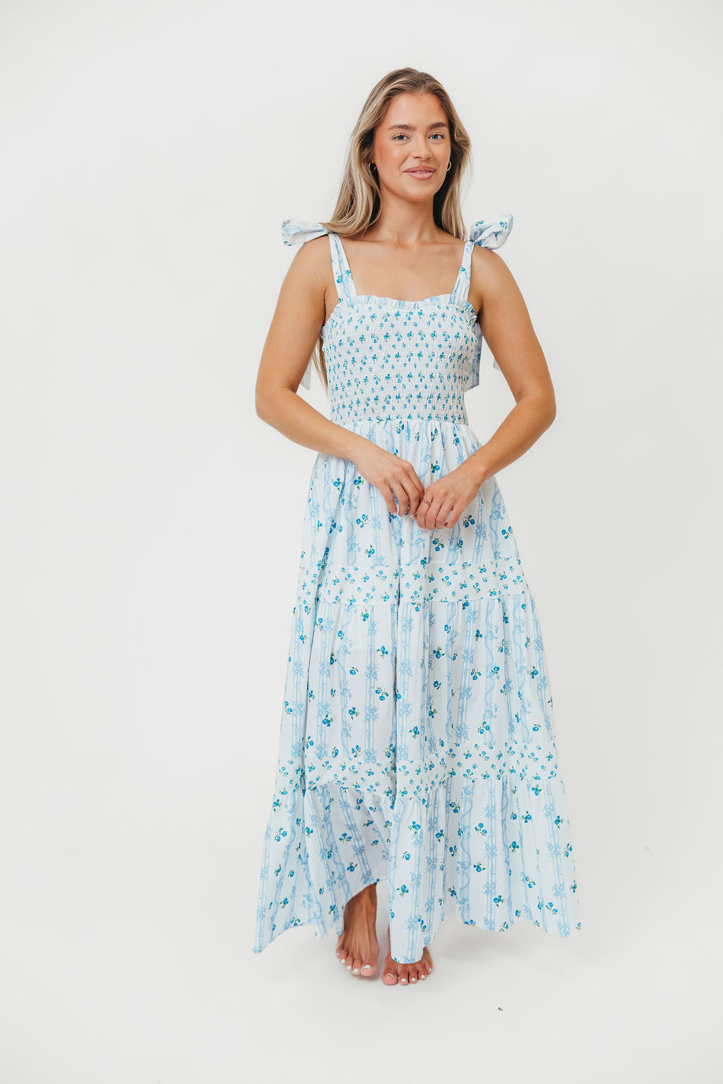Kathryn Tie Shoulder Maxi Dress - Ivory & Blue Floral Print Summer Dress for Women | Beach Wedding, Vacation, Party Wear