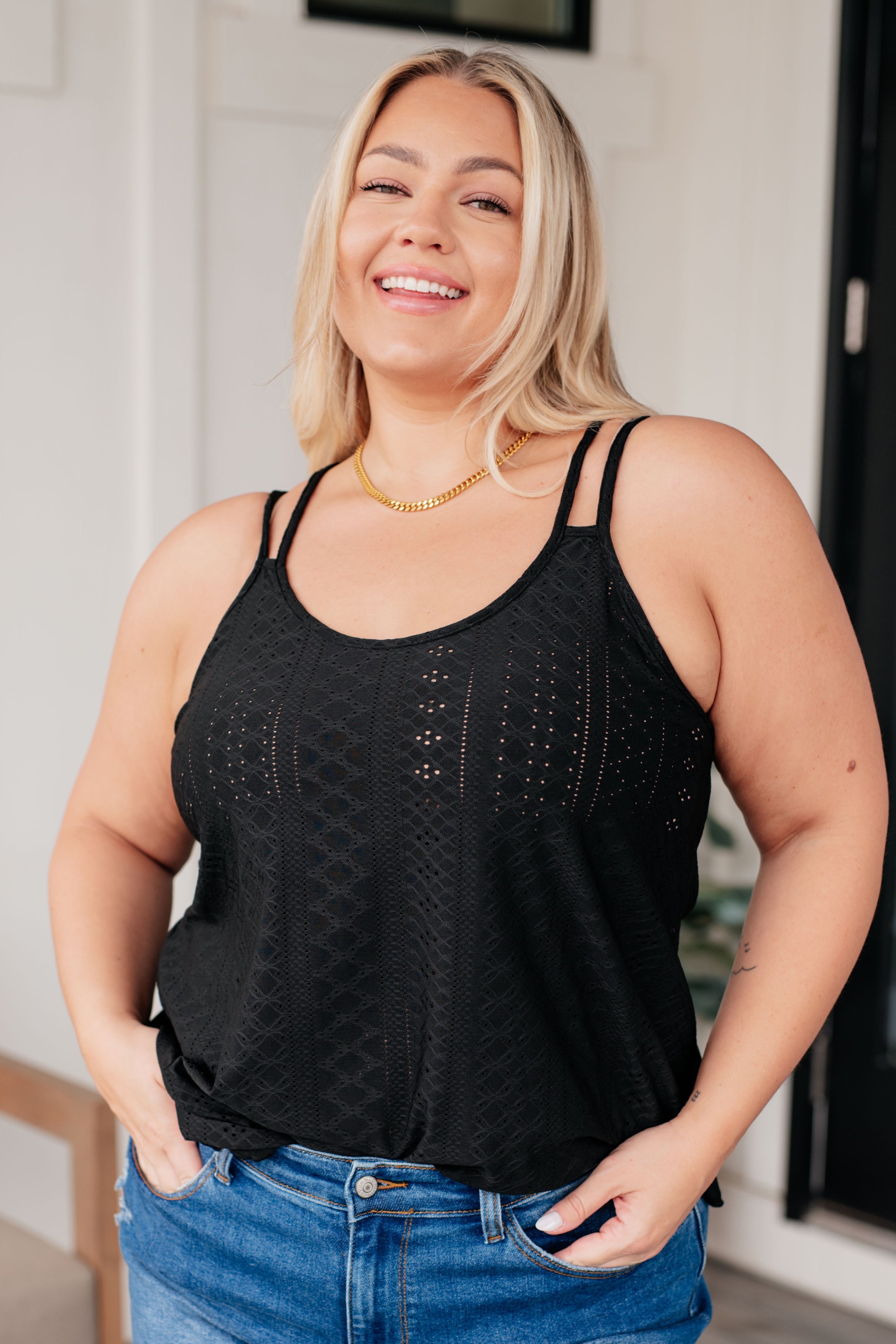 Black Eyelet Tank Top for Women - Stylish & Comfortable Summer Casual Wear - Perfect for Outings, Beach & Everyday Fashion