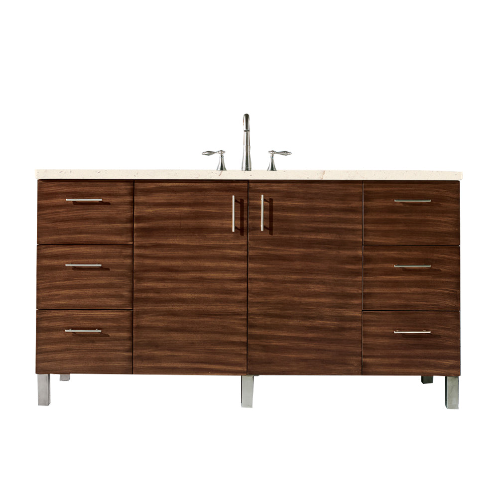 Metropolitan 60 Inch Single Bathroom Vanity with American Walnut Finish & 3CM Eternal Marfil Quartz Countertop - Perfect for Modern Master Bathrooms and Powder Rooms