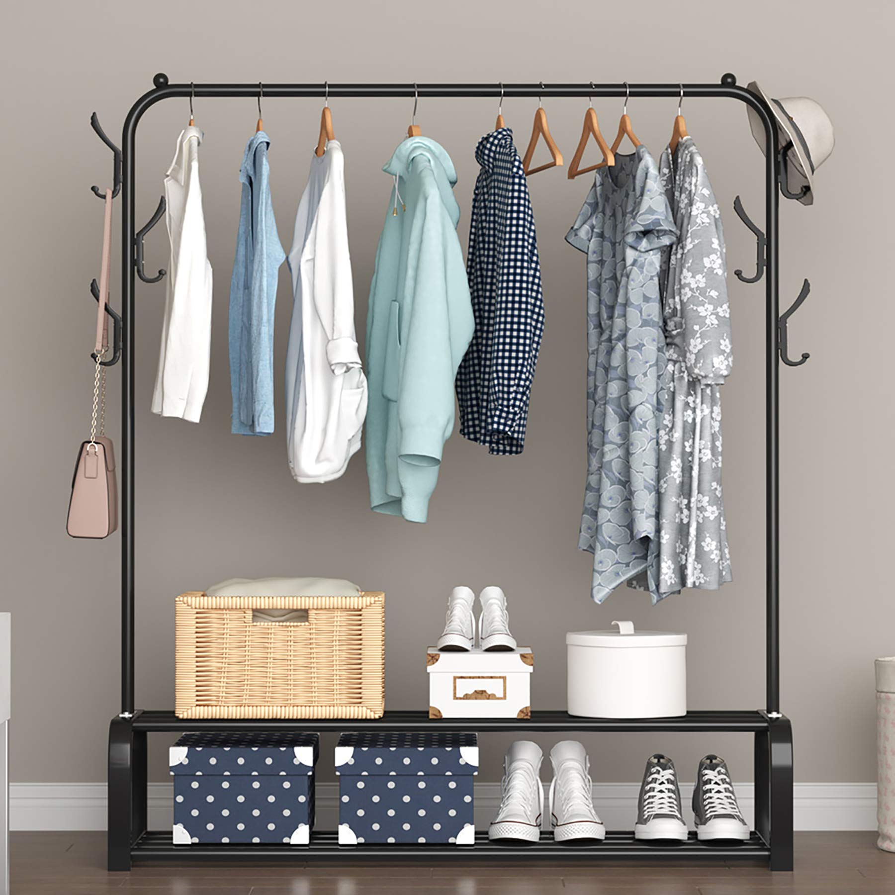 YAYI Freestanding Garment Rack with 2-Tier Storage Shelf & Side Hooks - Heavy Duty Clothes Hanger Organizer for Bedroom, Closet, Laundry Room - Perfect for Clothes Storage, Drying & Wardrobe Organization (Black)