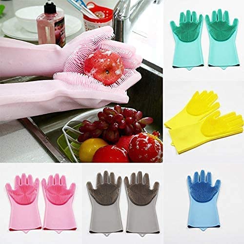 DHONI Multipurpose Cleaning Gloves for Kitchen, Dishwashing, Housework & Cars - Durable Rubber Scrubbing Gloves with Sponge Brush (Grey, Pack of 1) - Perfect for Washing Utensils, Car Detailing & Household Chores