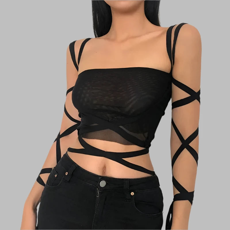 Black Mesh Lace Up Bandage Crop Top - Fairy Grunge Aesthetic Cyber Y2K Mall Goth Tank Top - Sexy Gothic Streetwear for Concerts, Raves & Alternative Fashion