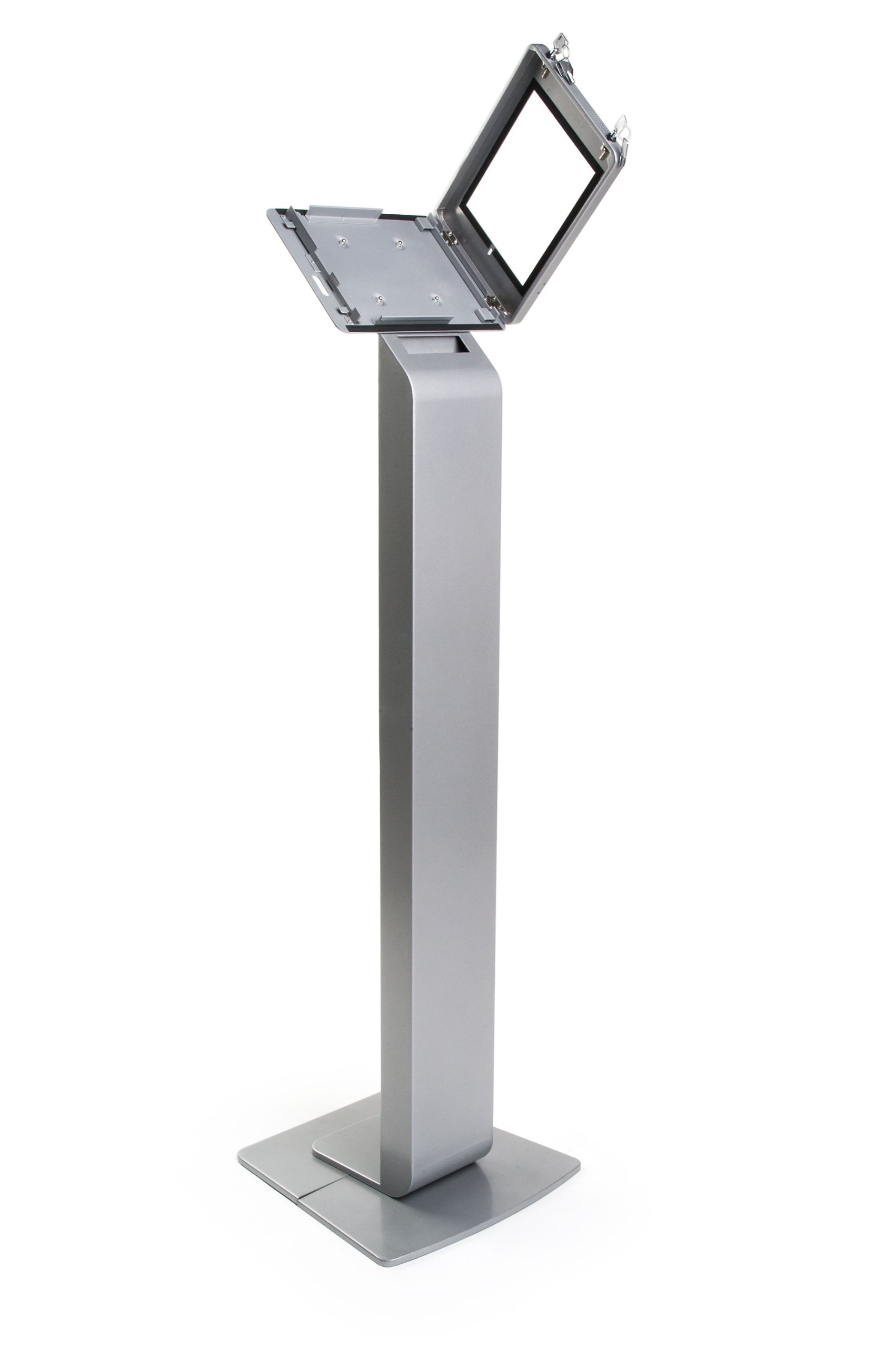 Displays2go Adjustable Floor Stand for iPad 2-4 & Air - Secure Locking Enclosure with Magazine Pocket | Commercial Tablet Kiosk for Retail Stores, Museums & Exhibitions