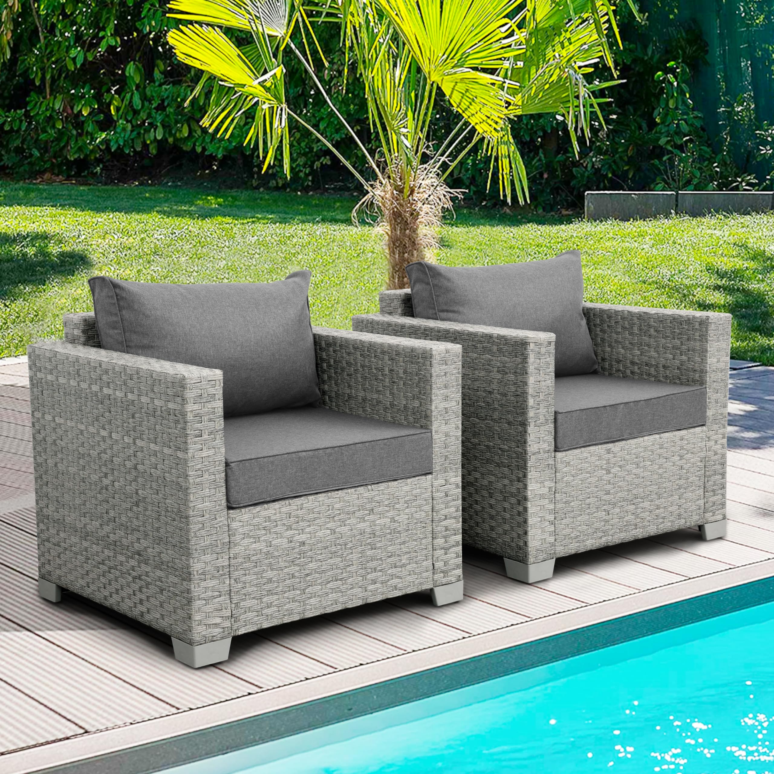 WAROOM 2-Piece Outdoor Wicker Patio Sofa Set - Grey Rattan Deep Seating Armchairs with Cushions for Porch, Balcony, Garden & Poolside Relaxation