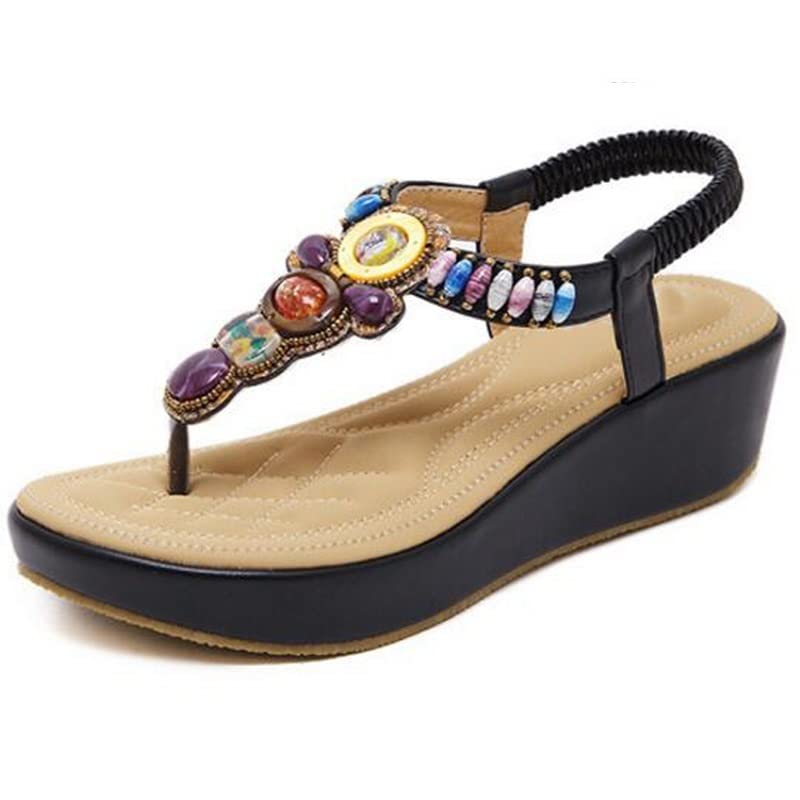 **JrenBox Women's Bohemian Beaded Sandals - Thick Sole Ethnic Flat Sandals for Women - Size 7 Black - Perfect for Summer, Beach, and Casual Outings**