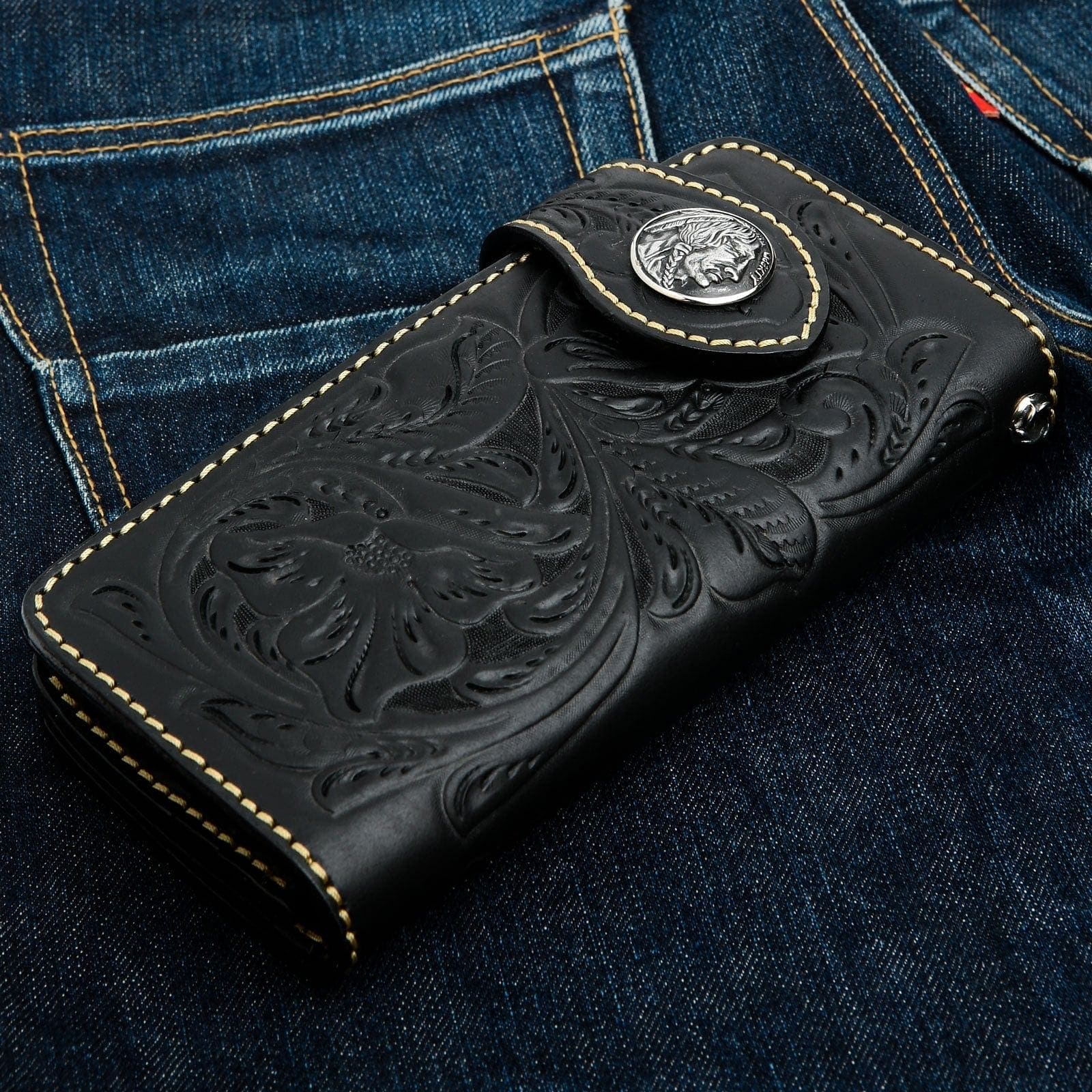 Genuine Black Cowhide Leather Western Biker Wallet for Men - Stylish & Durable RFID Blocking Billfold for Motorcycle Riders, Travel & Everyday Use