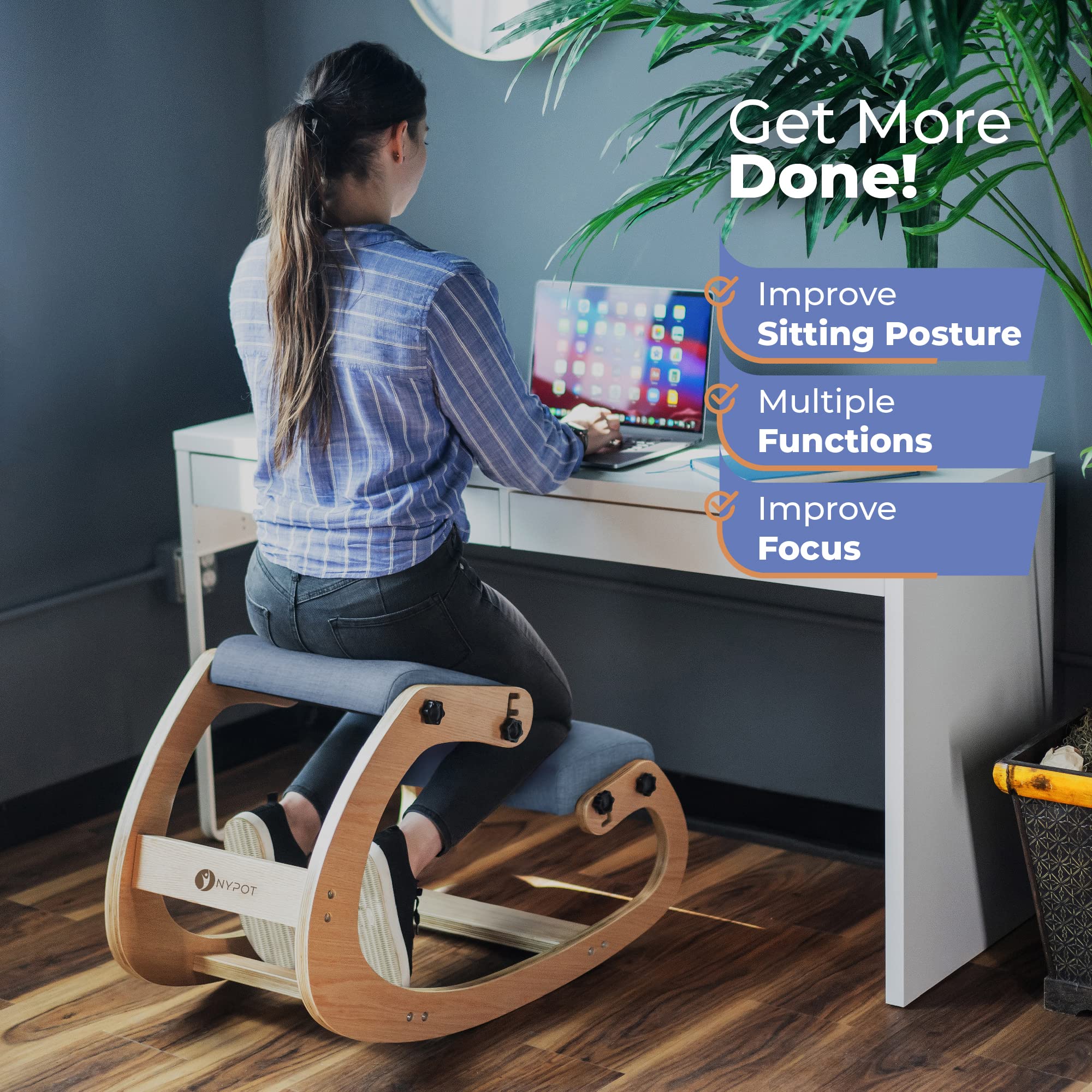 Ergonomic Kneeling Chair for Office - Adjustable Rocking Stool with Wooden Frame - Posture Support & Back Pain Relief - Perfect for Home Office, Study, and Meditation