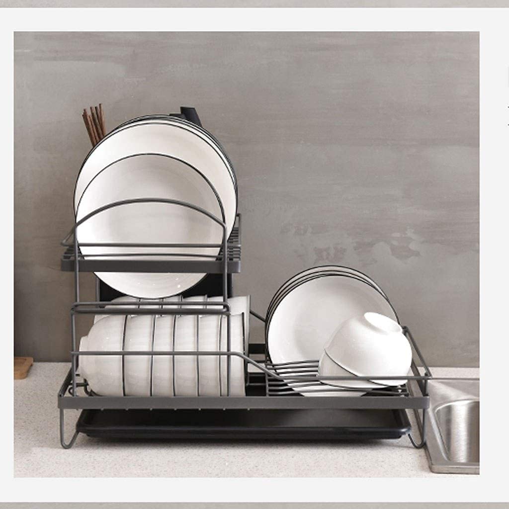 2-Tier Stainless Steel Dish Drying Rack with Drainboard - Space Saving Plate Rack, Utensil Holder & Cup Holder - Perfect for Kitchen Countertop Organization & Dish Drainer for Small Spaces