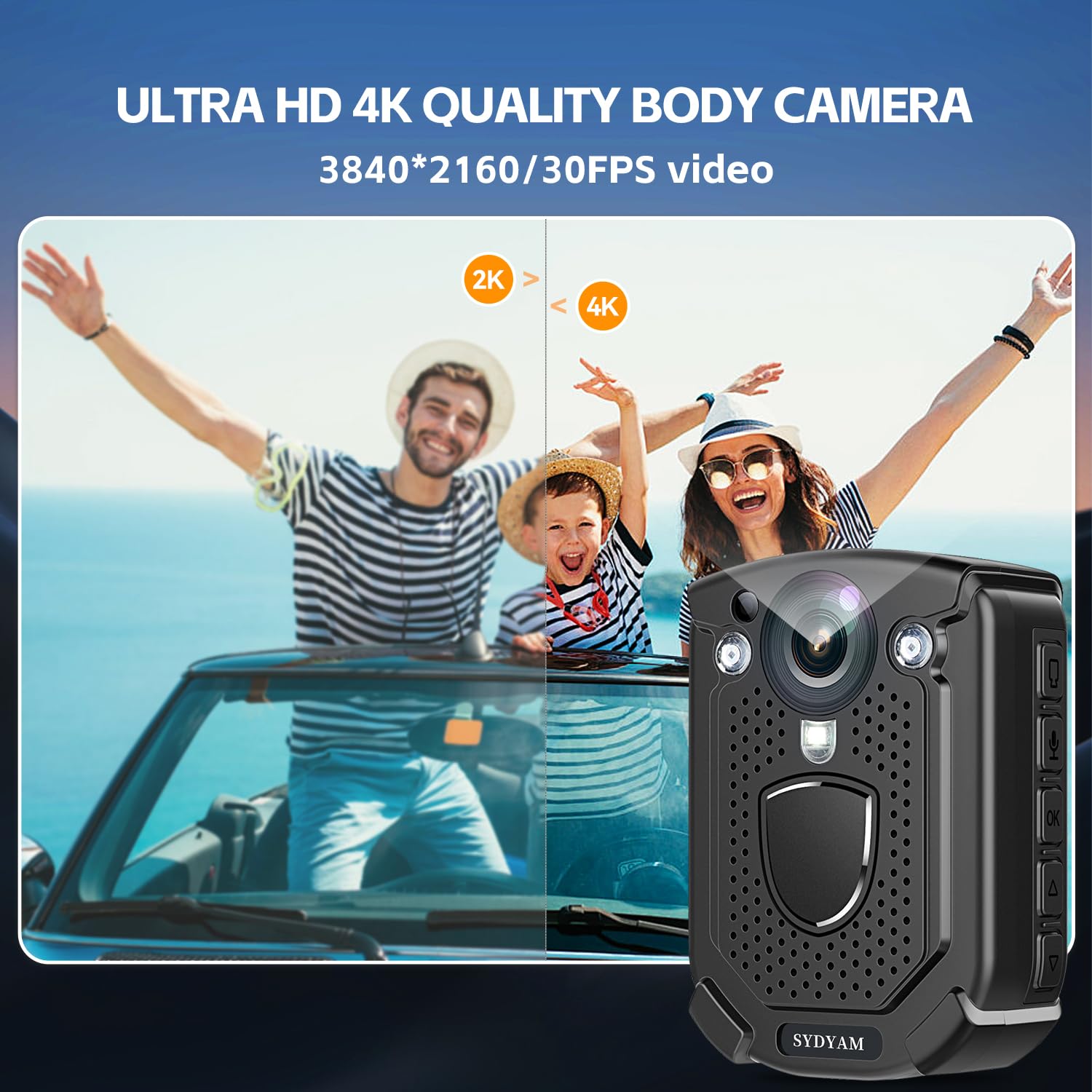SYDAYM-F1 64GB 4K Body Camera with 10-12 Hours Recording, IP68 Waterproof Police Body Cam with Audio Video & H.265 Codec - Ideal for Security Guards, Law Enforcement, and Daily Patrols