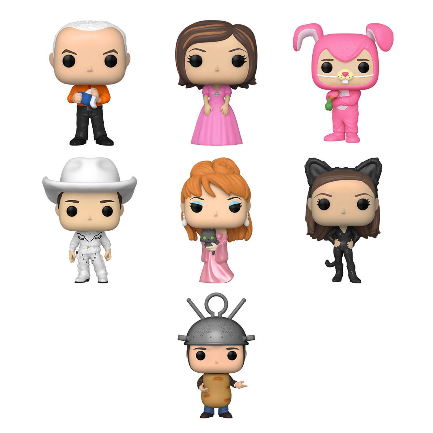Funko Pop! TV Friends 7-Piece Set - Gunther, Rachel in Pink Dress, Chandler as Bunny, Cowboy Joey, Music Video Phoebe, Monica as Catwoman & Ross as Sputnik - Perfect for Collectors, Gifts and Home Decor Display