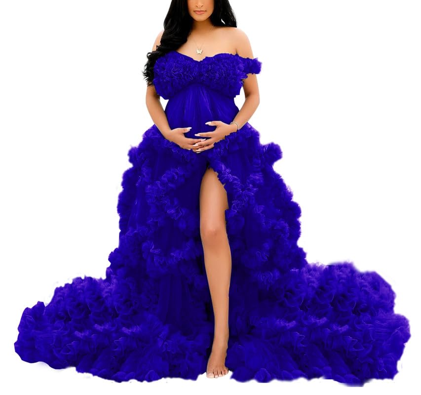 Puffy Tulle Maternity Robe - Ruffled V-Neck Bridal Lingerie & Bathrobe for Baby Shower, Photoshoot, Honeymoon & Spa Day