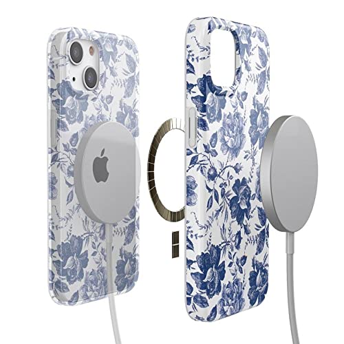 Casely iPhone 13 Case with Floral Design | MagSafe Compatible | Rose to Fame Coquette Style | Blue & White Rose Pattern | Perfect for Everyday Use & Gift Giving