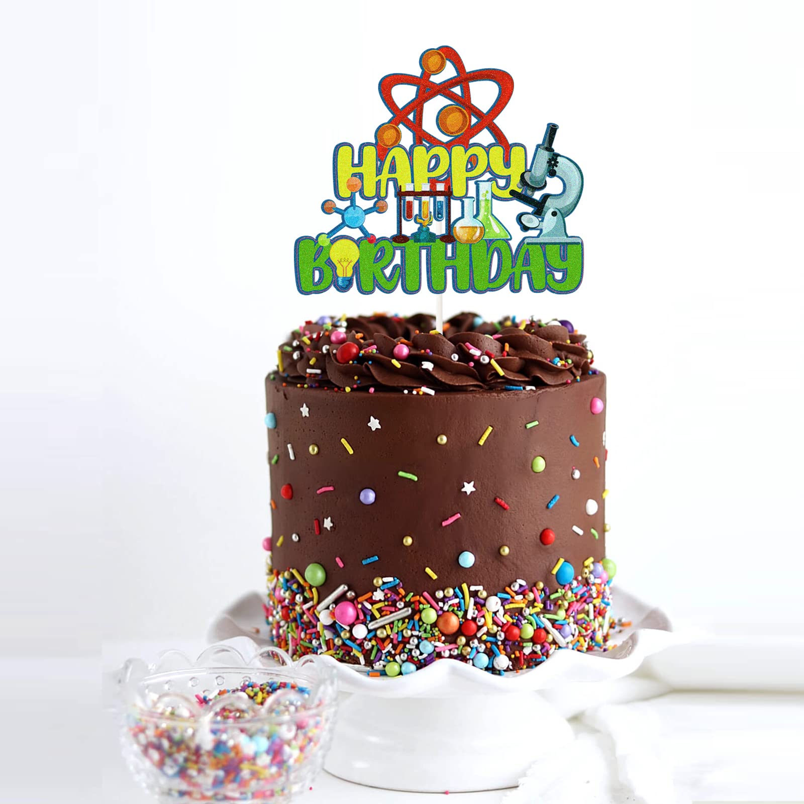 Science Theme Happy Birthday Cake Topper - Chemistry Mad Scientist Cake Decorations for Boys & Girls - Gold Party Supplies | Perfect for Birthday Cakes, Cupcakes & Science Themed Parties