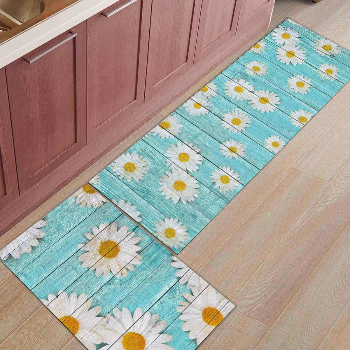Anti-Fatigue Kitchen Floor Mats Set - Non-Slip Waterproof Standing Mats 2-Pack with Cushion Support (19.7x31.5in + 19.7x63in) - Wooden Board Daisy Flower Design for Comfortable Cooking & Dishwashing