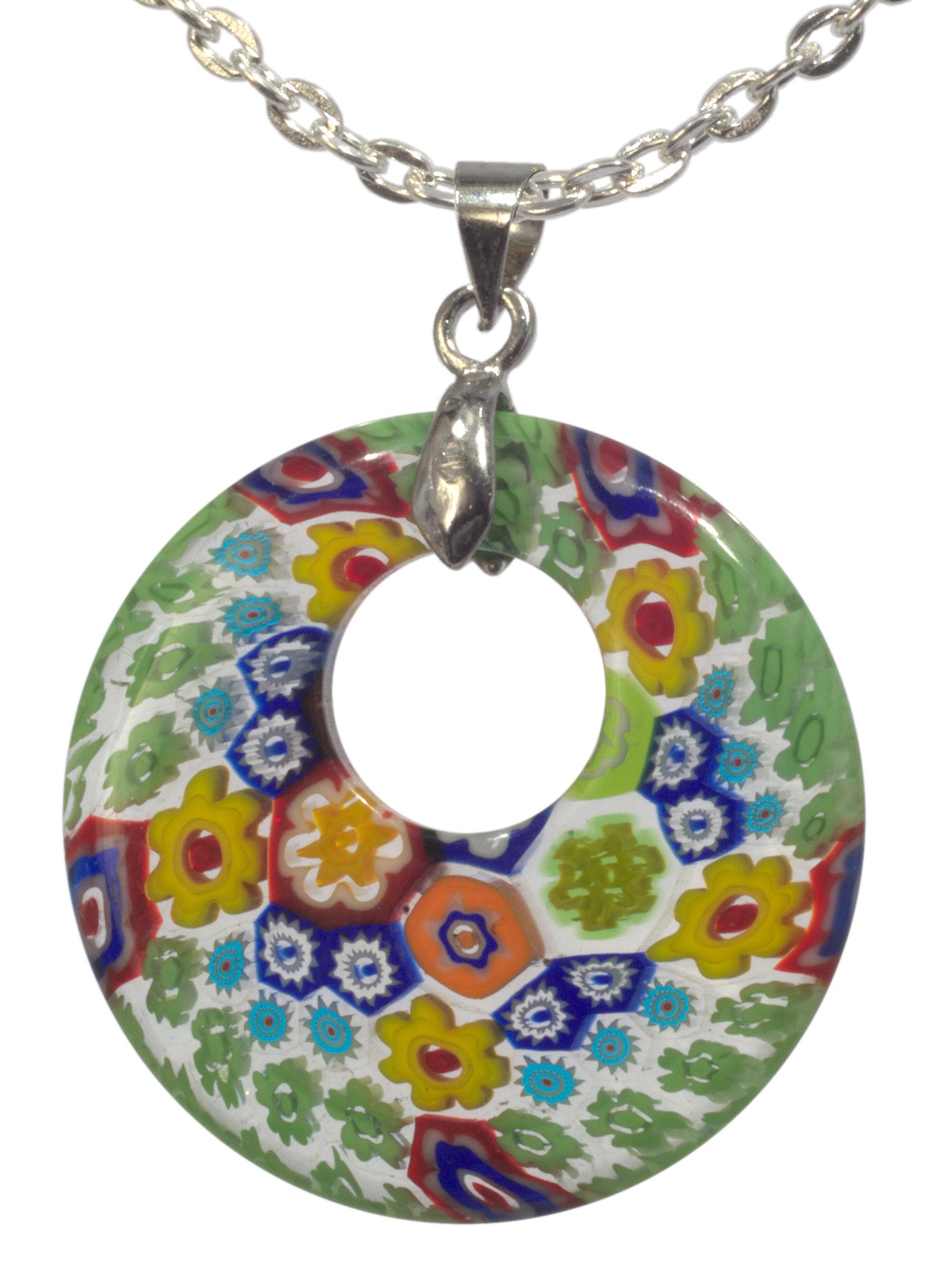 Unisex Millefiori Glass Donut Pendant Necklace with 20