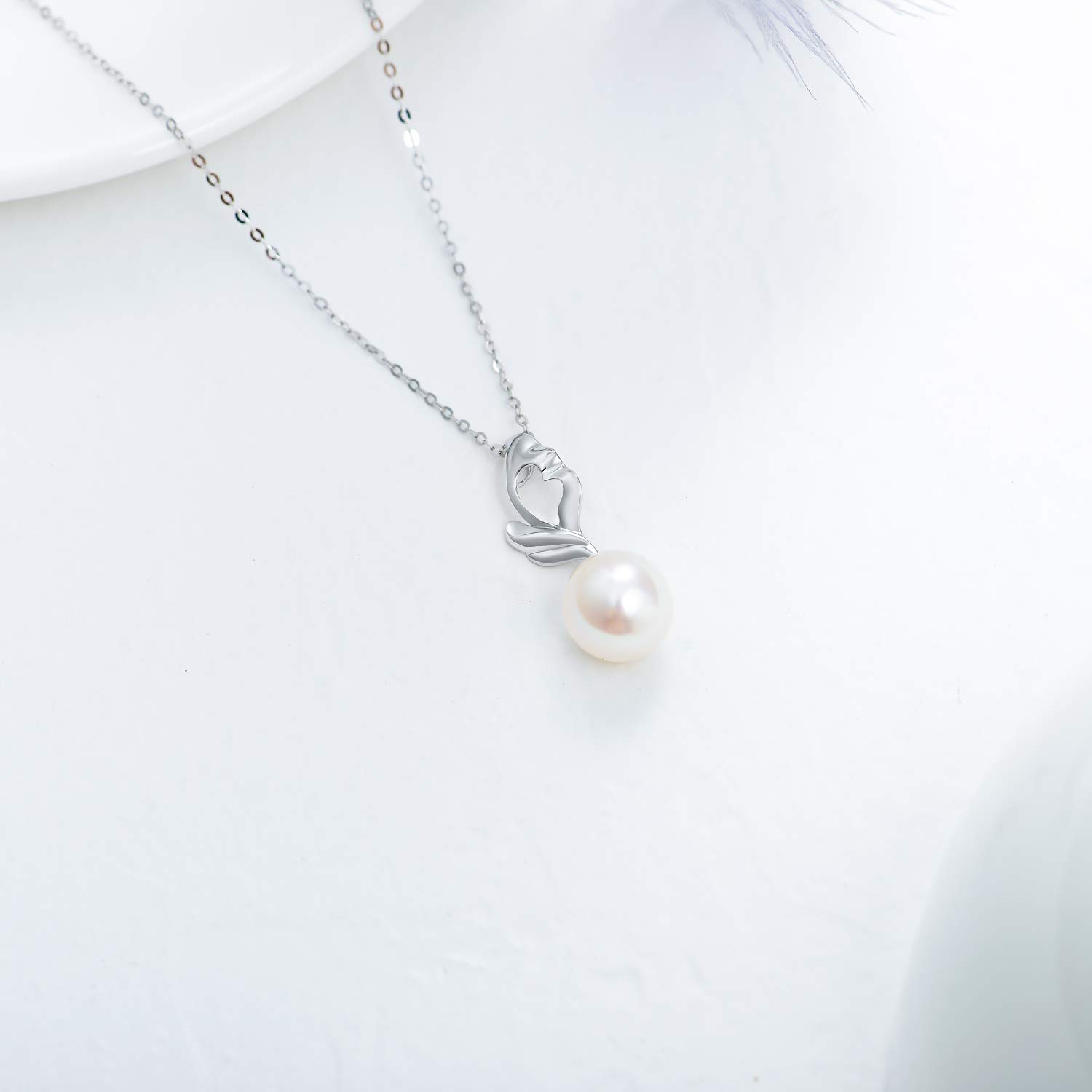 14K Solid Gold Pearl Necklace for Women - Elegant White Gold Heart Wave Pendant, Valentine's Day Jewelry Gift for Her, Mom, Wife - Perfect for Birthday, Anniversary & Special Occasions (16