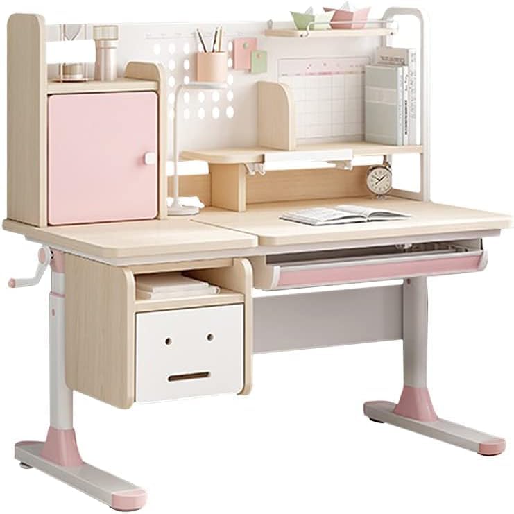 FCD Kids Desk - Adjustable Wooden Study Desk for Students with Tilt Desktop, Tablet Holder & Storage | Ergonomic Multi-Function Workstation for Homework, Drawing & Computer Use | Pink Children's Study Table with Bookshelf & Drawers | Perfect for Bedroom, Homeschool & Small Spaces