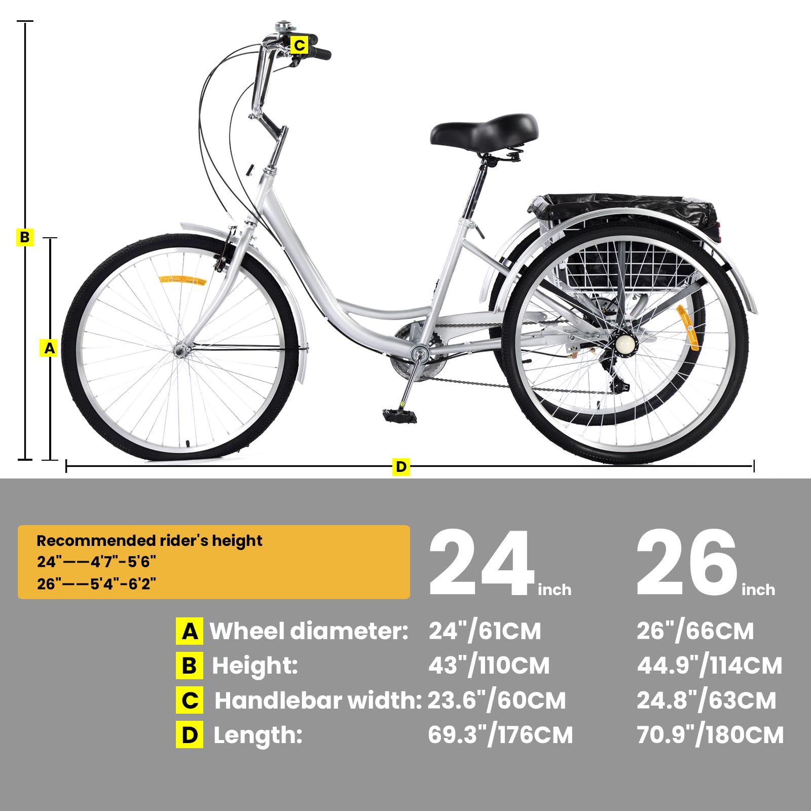 **24 & 26 Inch Adult Tricycles - 7-Speed 3-Wheel Bikes for Men & Women with Dual Chain, Large Rear Basket & Bag - Perfect for Shopping, Beach Rides & City Commuting**