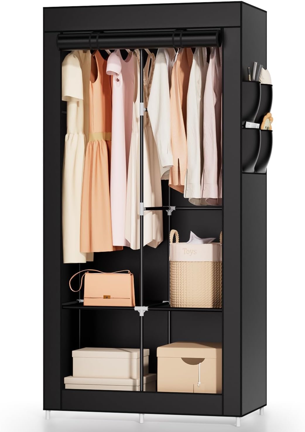 Portable Closet Wardrobe with 2 Hanging Rods & 4 Shelves - Foldable Clothes Organizer with Cover for Bedroom, Dorm, Travel - Non-Woven Fabric Storage Solution for Hanging Clothes & Accessories