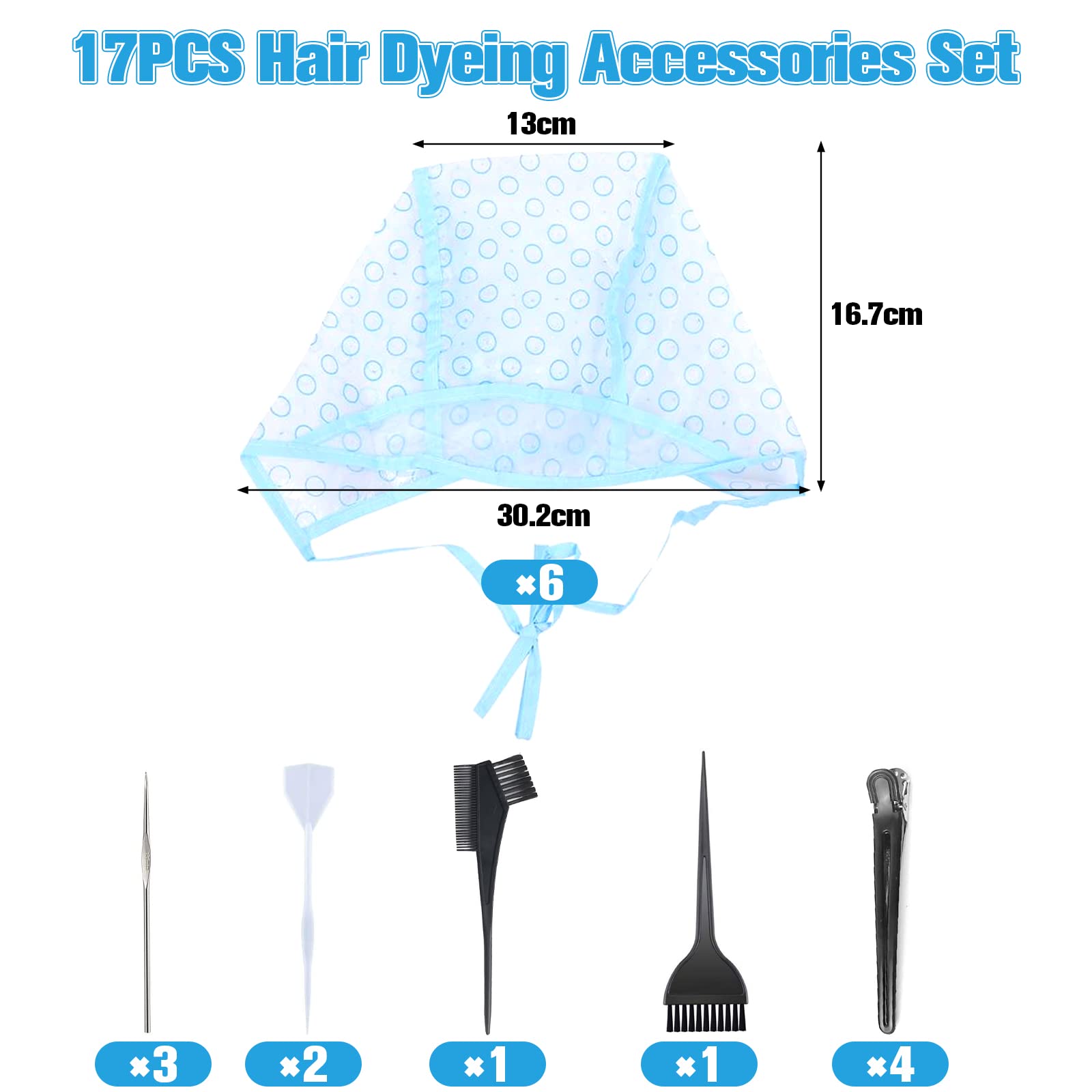 17 Pcs Professional Hair Highlighting Kit - Includes 6 Disposable Frosting Caps, 3 Iron Crochet Hooks, 2 Plastic Hooks, 2 Dye Brushes, 4 Hair Clips - Perfect for Salon & Home Hair Coloring