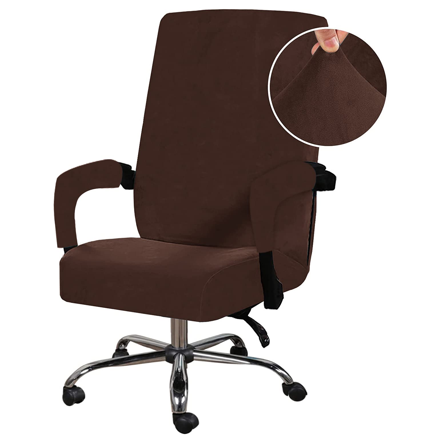 Stretchable Velvet Office Chair Cover - Removable & Washable Universal Elastic Slipcover for Computer, High Back & Rotating Chairs - Modern Simplism Design (Dark Brown, Large) - Perfect for Home Office, Gaming & Workspace Decor
