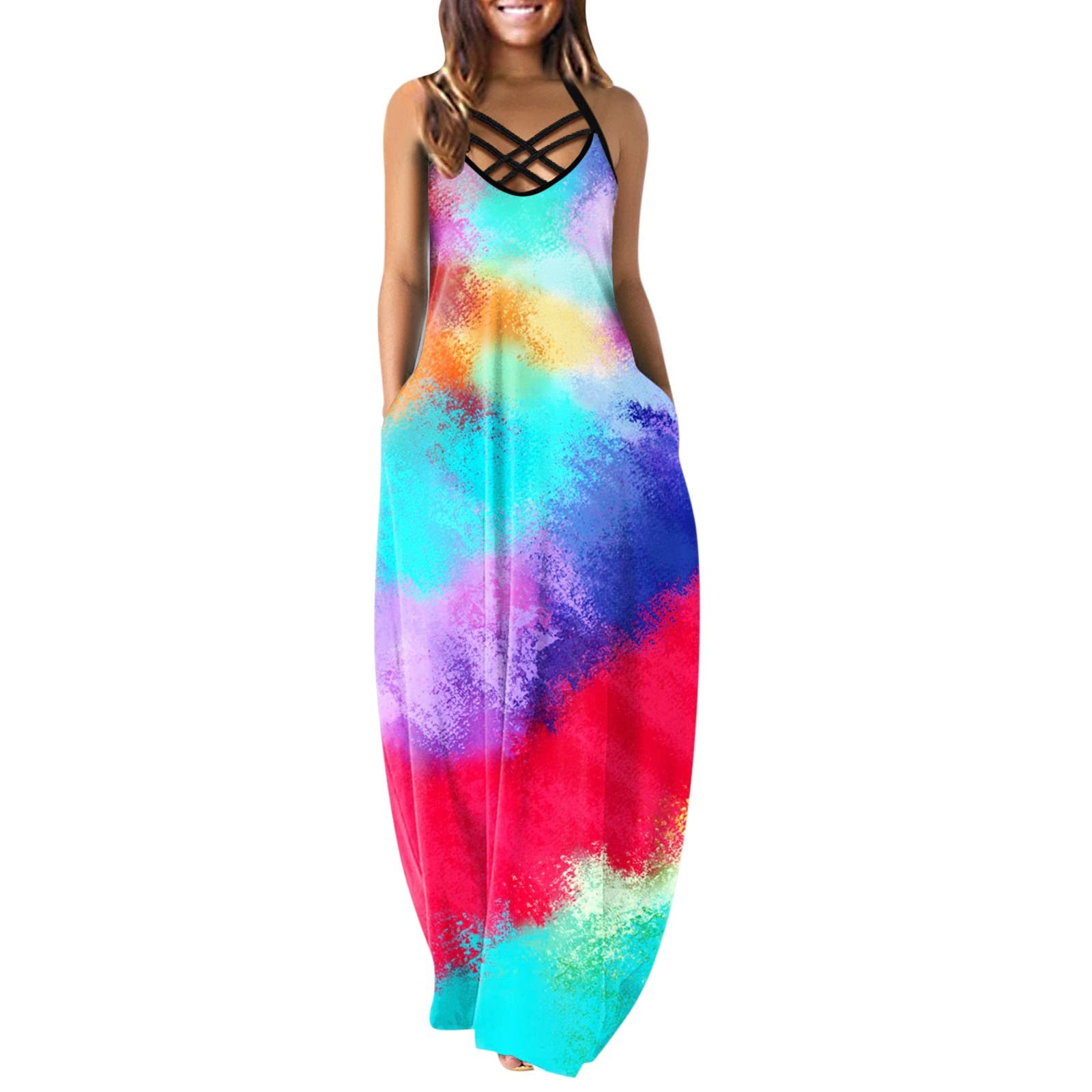 KKJJ Women's Summer Casual Dresses - O-Neck Gradient Print Sleeveless Dress with Double Pockets | Flowy Wide Fit for Beach, Vacation & Everyday Wear