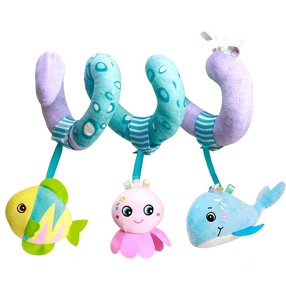 Caterbee Stroller Toys for Babies - Soft Spiral Activity Bar with Bell, Crib & Car Seat Toy for Boys & Girls (Ocean Theme) - Perfect for Travel, Playtime & Soothing