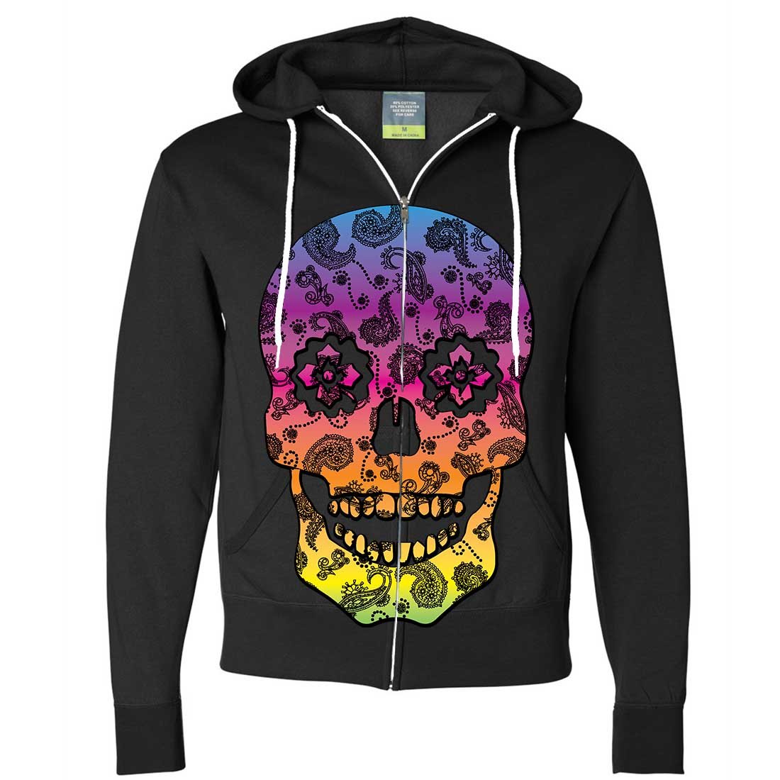 Stylish Neon Paisley Print Sugar Skull Zip-Up Hoodie for Men & Women | Gothic Streetwear Fashion | Perfect for Halloween, Concerts & Alternative Outfits