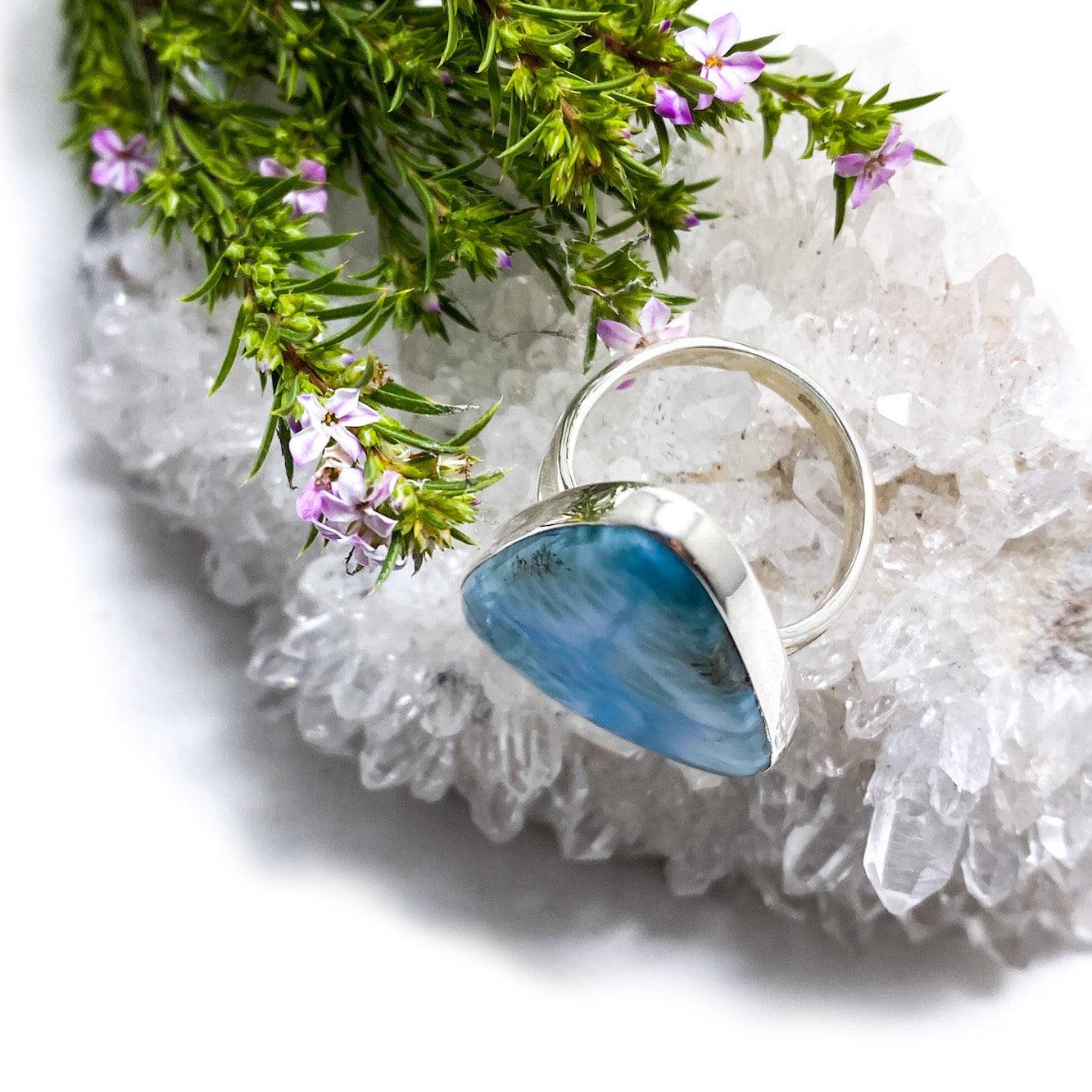 Larimar Freeform Cabochon Ring with Split Band - Size 10 (KRGJ1399) | Handmade Jewelry for Women, Boho Chic Accessory, Perfect for Beach Weddings & Everyday Wear